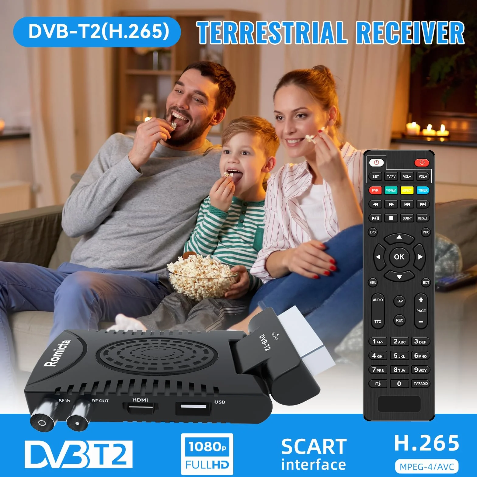 Romicta Décodeur TNT HD 2025 - DVB-T2 H.265 HEVC FTA Full HD PVR, USB, HDMI, SCART, Tuner TV numérique terrestre, récepteur numérique Haute définition Full HD 1080p, télécommande Universelle 2 en 1