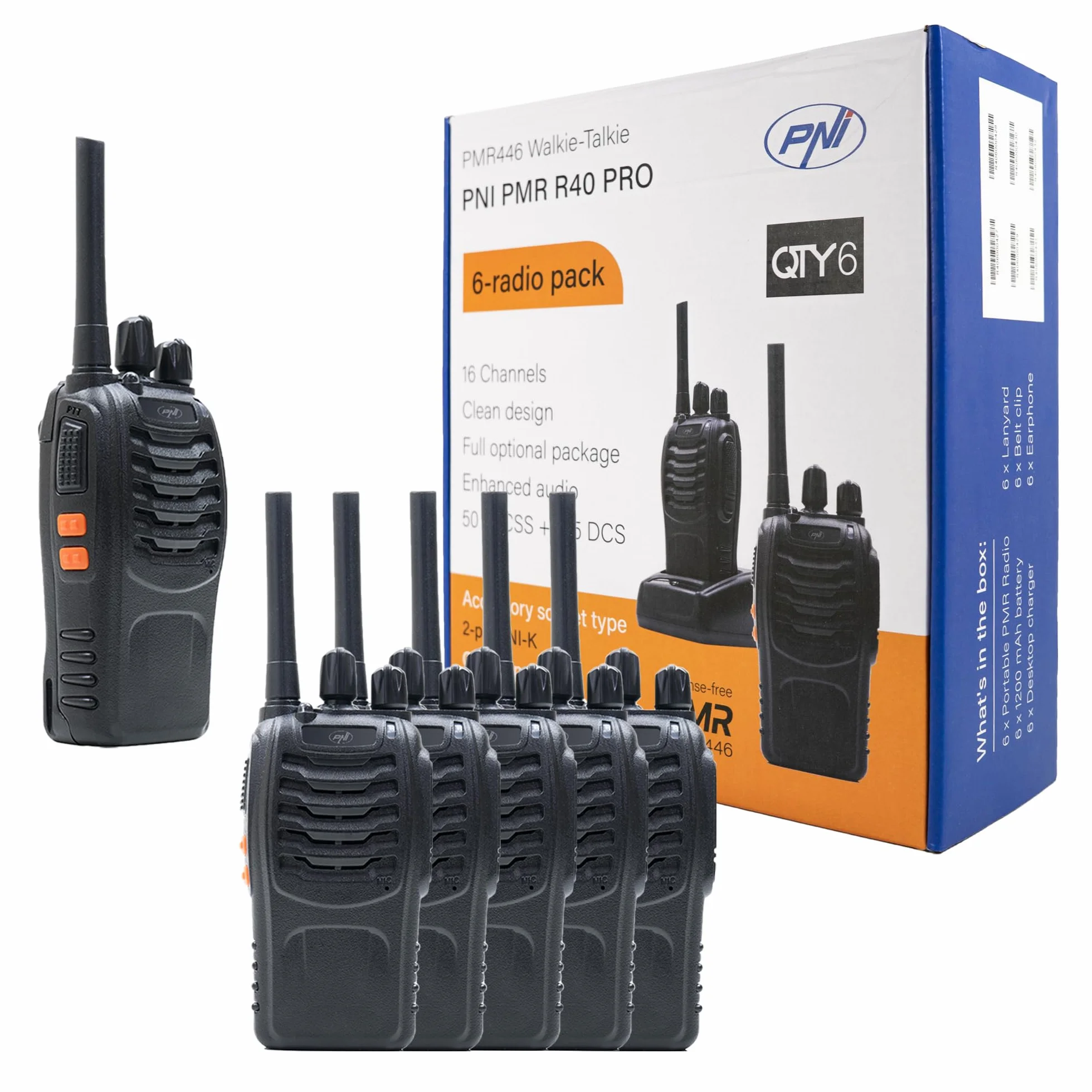 PNI PMR R40 Pro Paquet 6 Radios Portables Piles Chargeurs Écouteurs