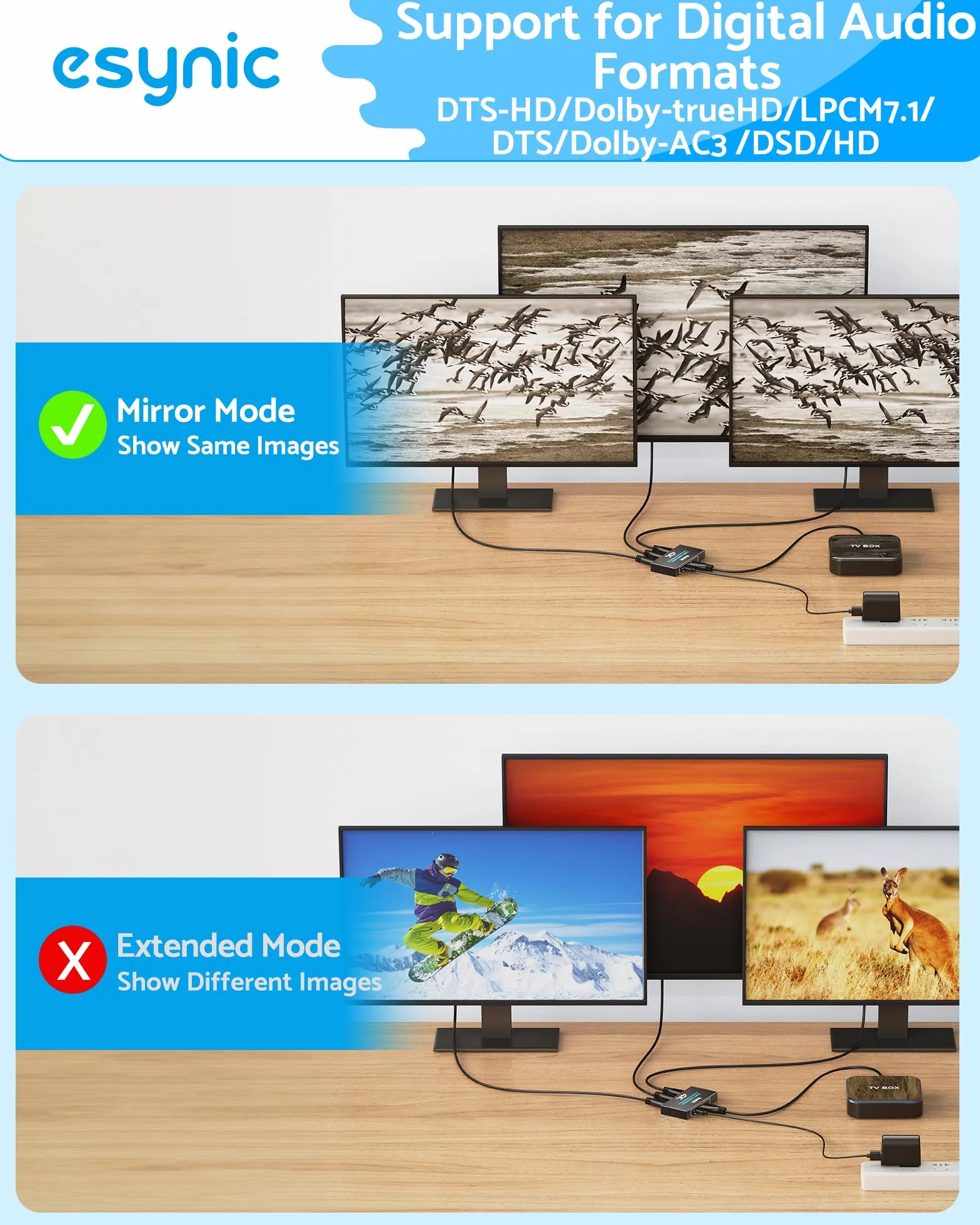 eSynic Répartiteur HDMI 1 Entrée 3 Sorties 4K@30HZ HDCP 1.4 Coque Métal