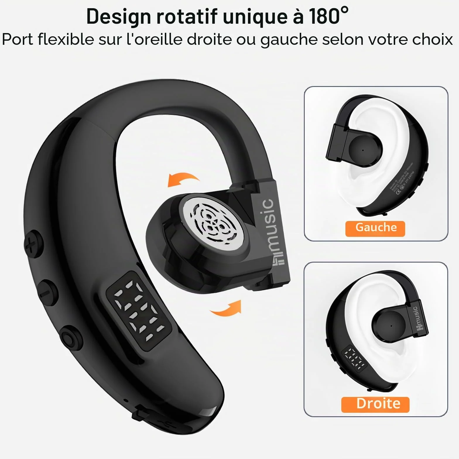 Hmusic Oreillette Bluetooth sans Fil V5.4, IPX5 Étanche, Kit Mains Libres avec 2 Micro Anti-Bruit, 20H d'Autonomie, 18g Ultra-léger, Affichage Numérique LED, pour Conduite, Bureau, Affaires