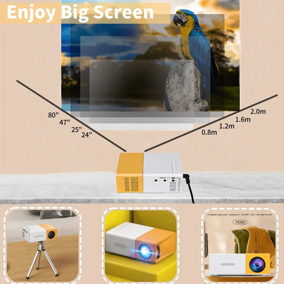 Mini Projecteur Portable 1080P Full HD avec Télécommande HDMI Audio Smartphone Tablette PC TV Stick USB AV Jaune