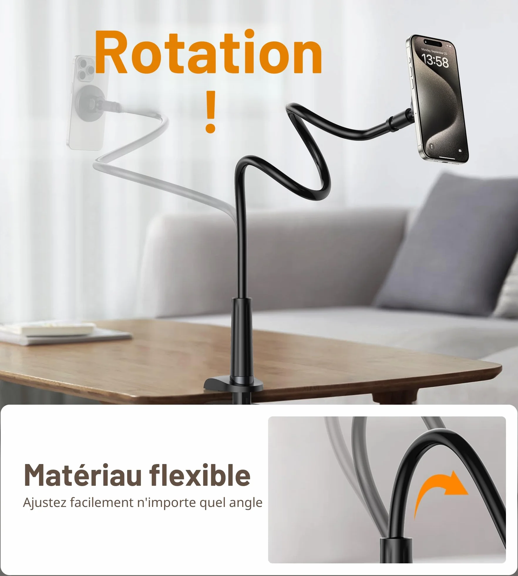 Support Téléphone Lit Réglable Pivotant 360° Col de Cygne Mag-Safe avec Anneaux Métal pour iPhone 17 16 15 14 13 12 Pro Max Plus
