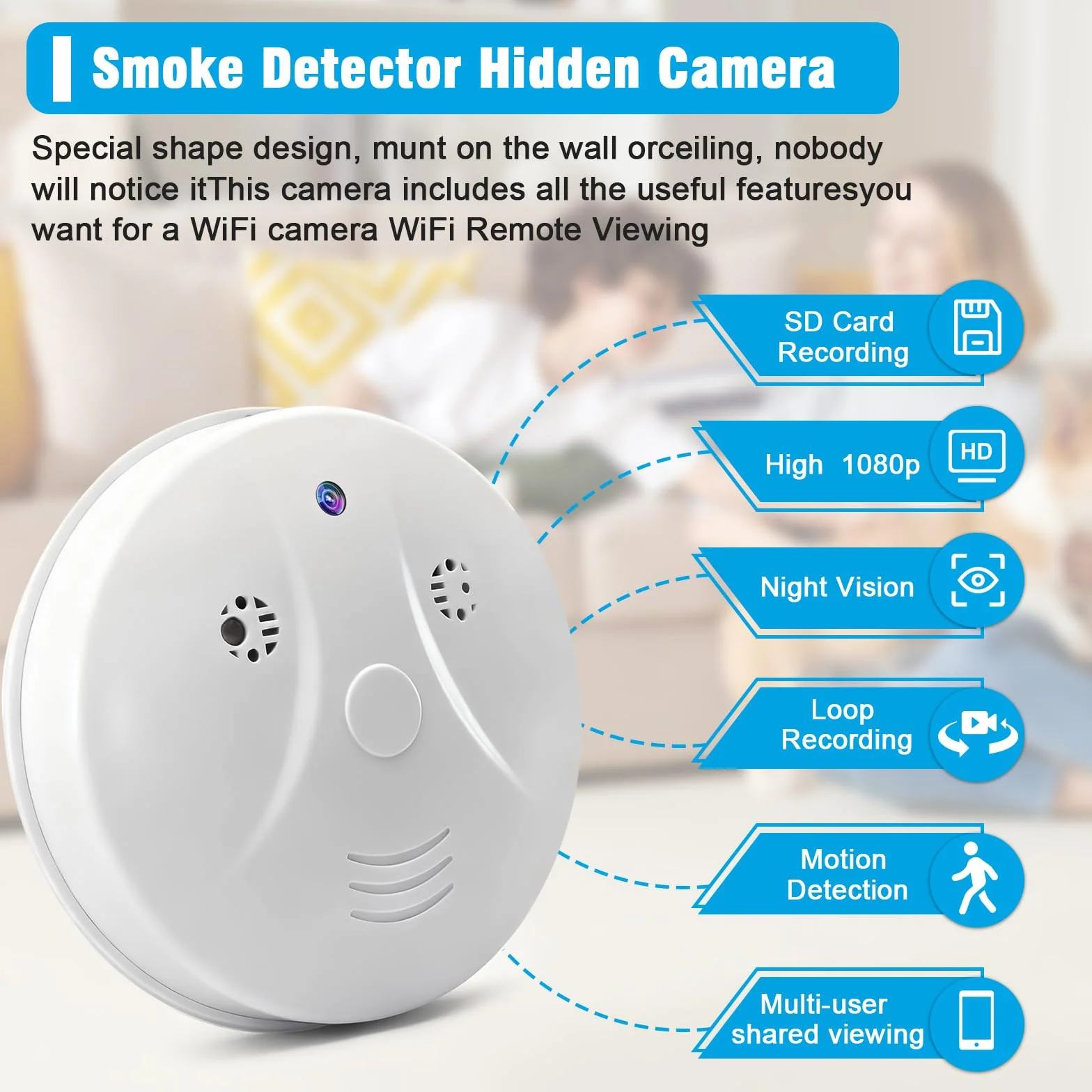 Caméra Cachée WiFi, 2,4/5G Mini Camera Espion sans Fil HD Détecteur de Fumée, HD 1080P Micro Camera Espion avec Vision Nocturne/Détection de Mouvement