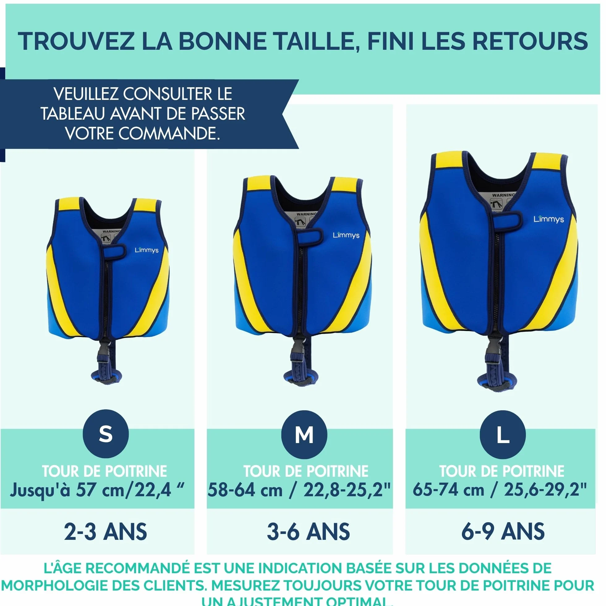 Limmys Gilet de Natation Enfants Aide Flottaison Réglable 8 Panneaux Néoprène Doux CE