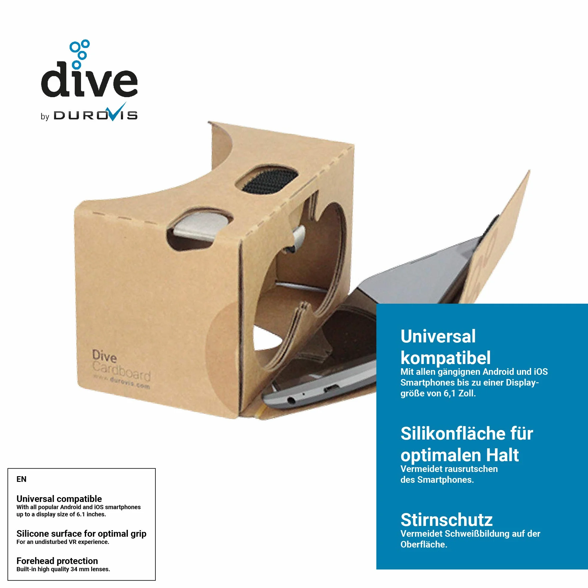 Durovis Dive Cardboard 6 Lunettes de réalité virtuelle VR pour Smartphones 4,0-6,1 Pouces