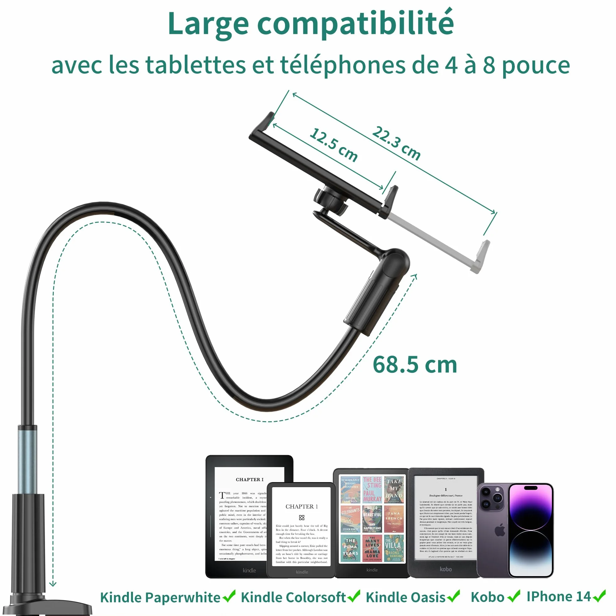 PlusAcc Télécommande Tourner pour Kindle – Support à col de Cygne pour Lire des Livres électroniques, Accessoire pour Tourner Les Pages au lit, adapté au Kindle Paperwhite/Oasis/Kobo