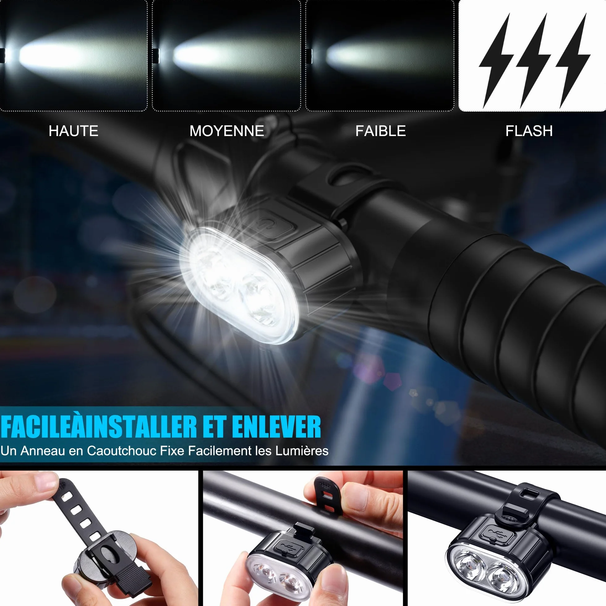 Lumiere Velo à LED Feux Avant Arrière Rechargeables USB IPX5 Phares Double Talon