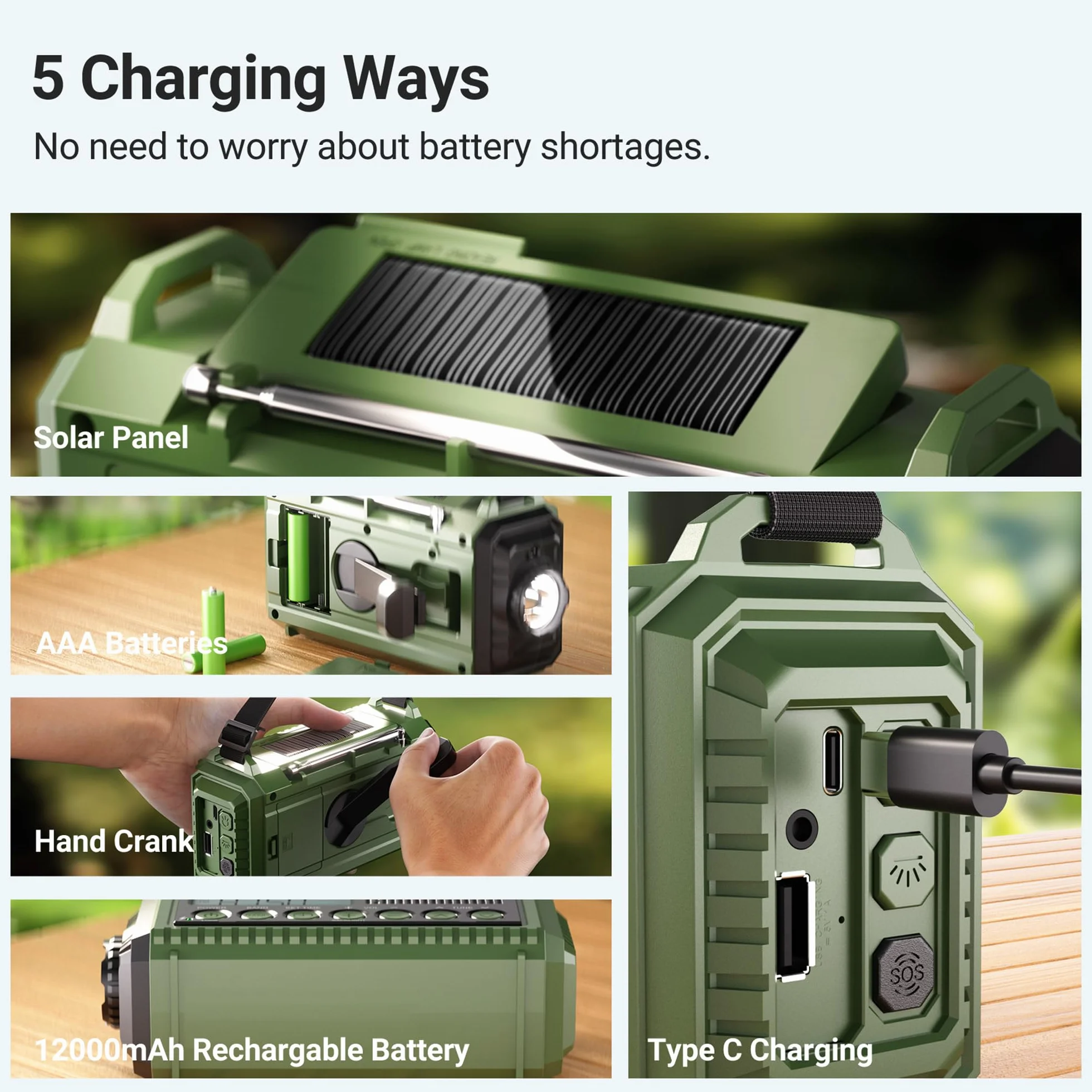 Radio à Manivelle AM/FM/SW 12000mAh, Portable Camping avec Lampe de Poche, Radio d'Urgence Type C SOS Dynamo