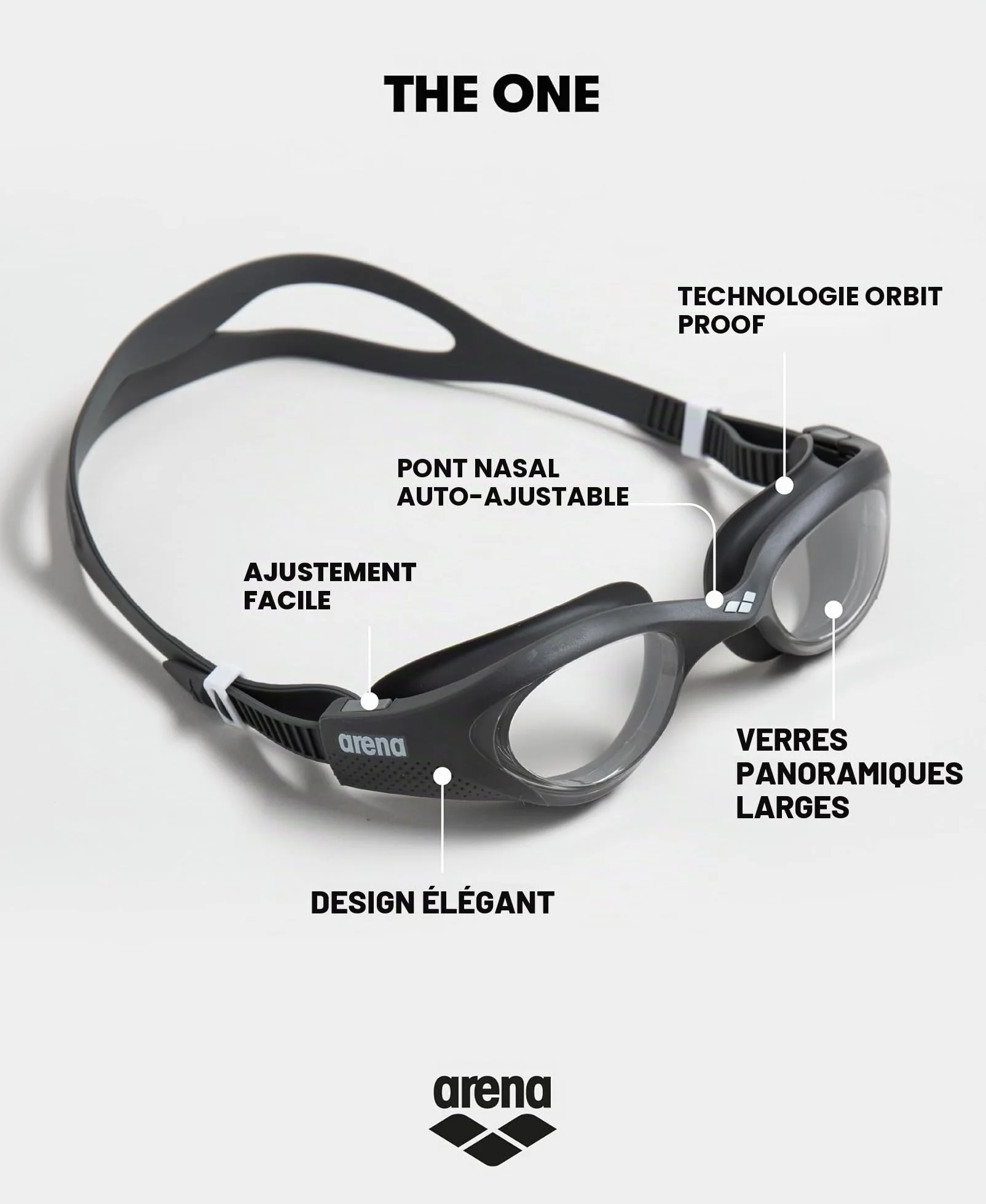 Arena Lunettes de Natation Adultes The One Antibuée Verres Larges Protection UV Pont Nez Auto-Ajustable