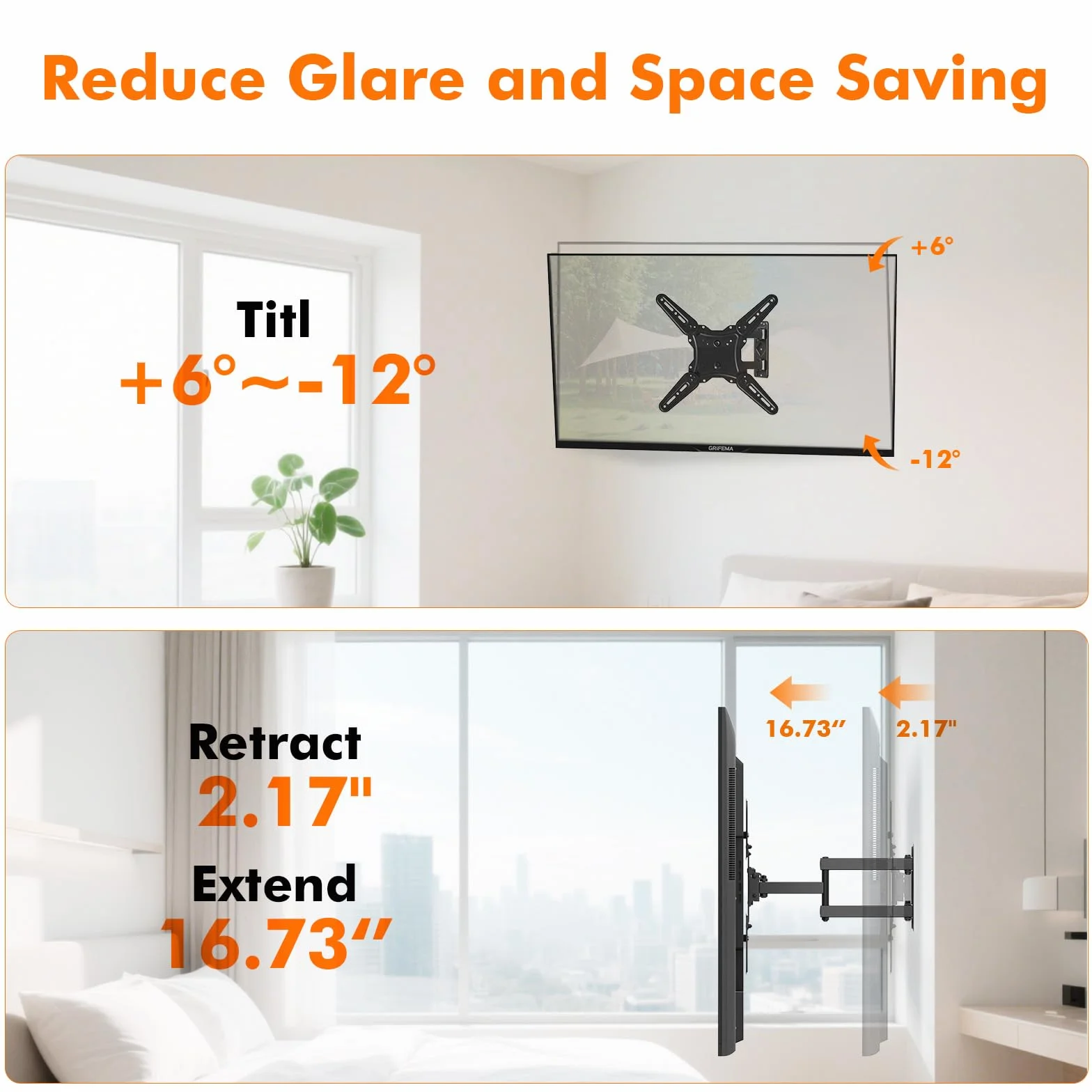 GRIFEMA Support Mural TV 26-65 Pouces - Fixation Murale TV Peut Contenir Jusqu'à 35KG, Accroche Television Mural Orientable (± 90°), Incline (+ 6°, -12°) et Étend, Support Vesa pour TV Plat/Incurvé
