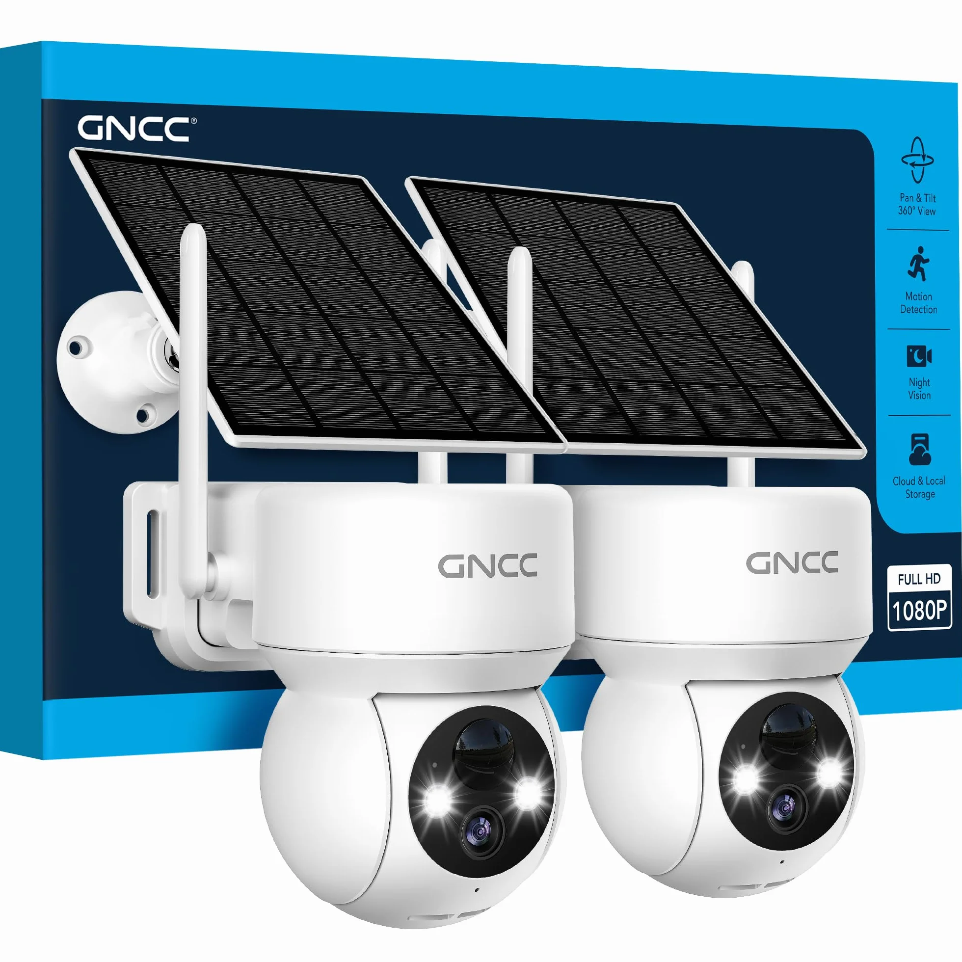 GNCC Camera Surveillance WiFi Exterieure sans Fil Panneau Solaire 360° PTZ 2MP Détection Humaine PIR Vision Nocturne Couleur Audio Bidirectionnel 2,4G