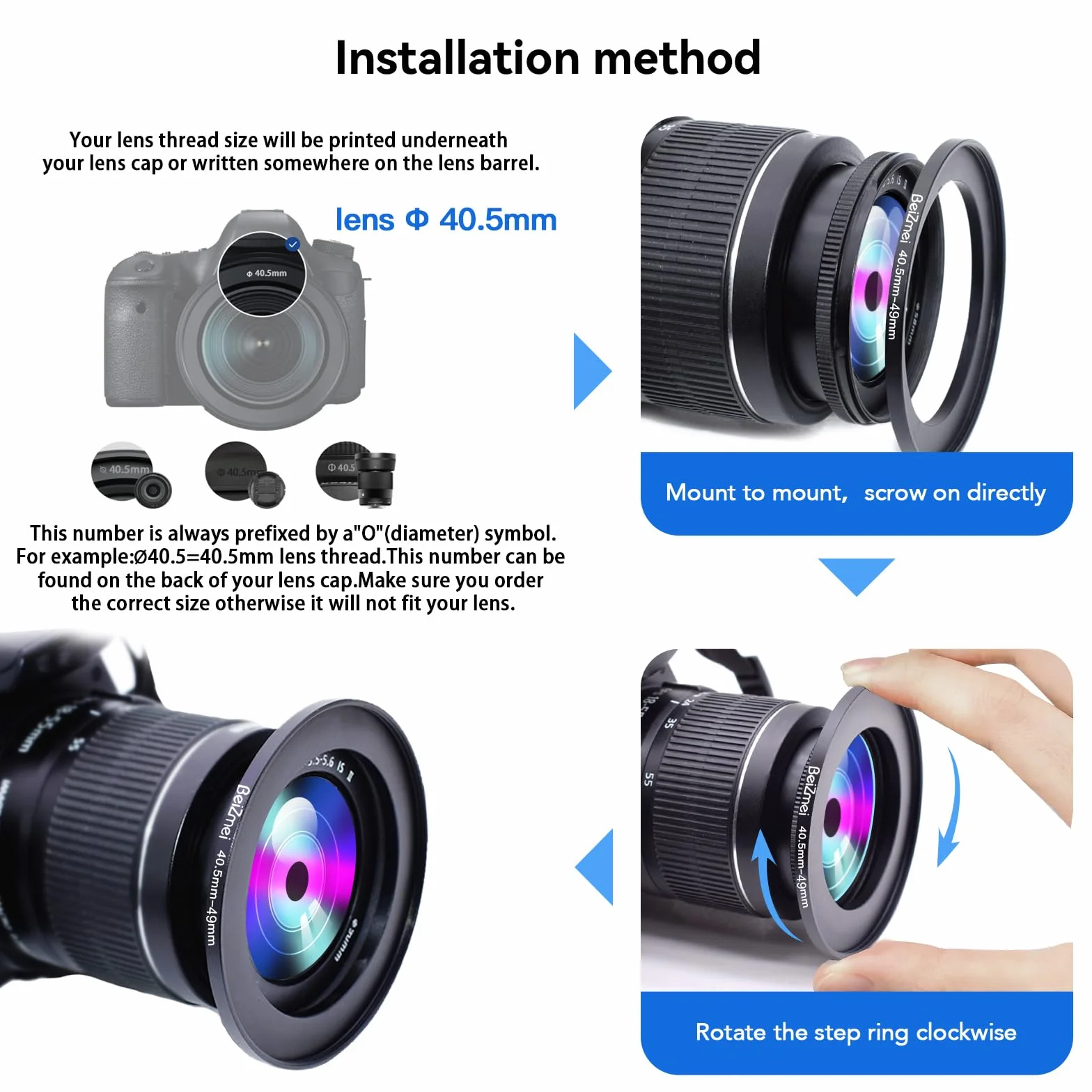 Filtre adaptateur 40,5 mm à 49 mm pour objectif photo UV ND CPL