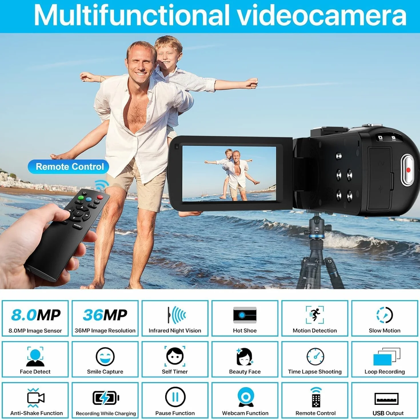 IXNAIQY Caméscope Caméra Vidéo 1080P 30FPS 36MP Camescope pour Youtube, Caméra Numérique avec IR Vision Nocturne, 16X Zoom Numérique, 3.0'' LCD 270 Degrés Ecran Rotatif Vlog Caméra, 2 Piles