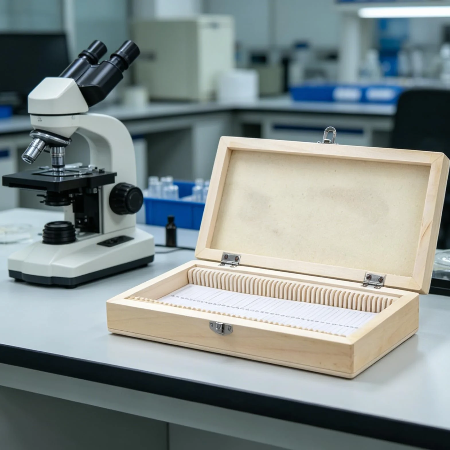 Coffret en Bois pour Lames de Microscope 50 Diapositives Boîte de Rangement 23x10,6x3,5cm