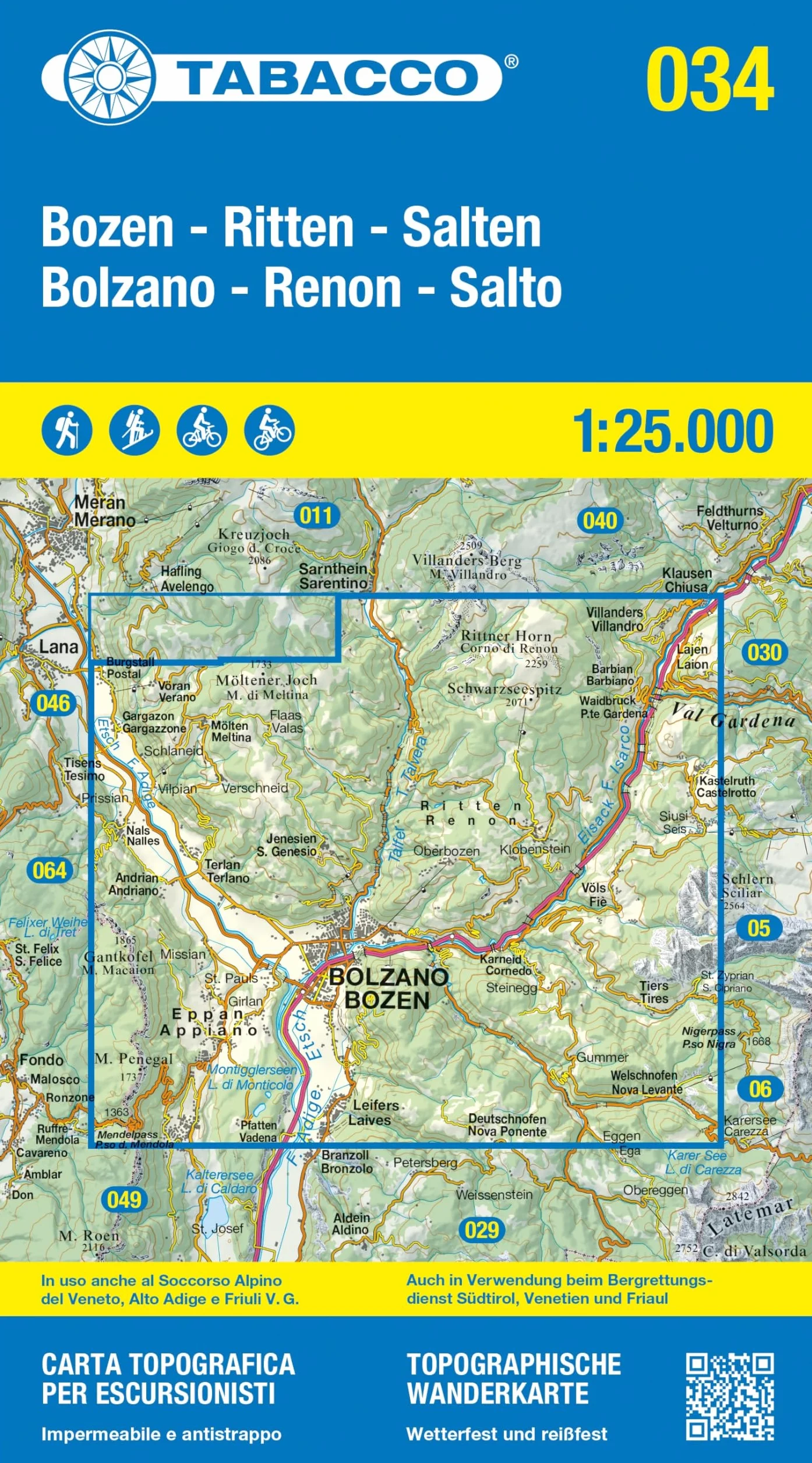 Carta topografica 1:25.000 antistrappo impermeabile fotodegradabile Ediz. multilingue Bozen Ritten Salten Bolzano Renon Salto