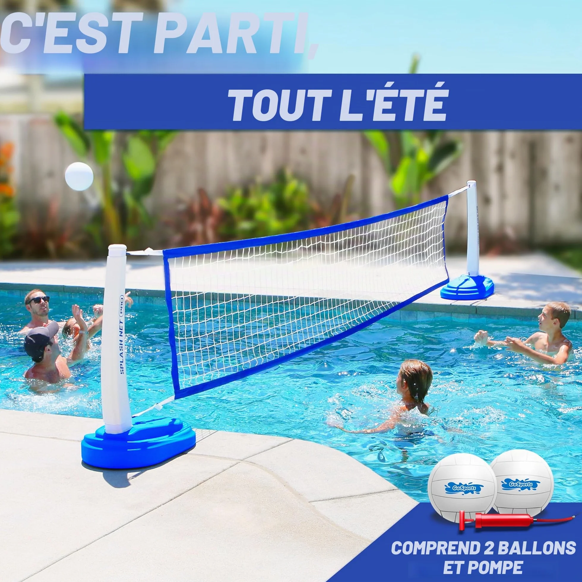 GoSports Splash Net Pro Filet de Volleyball pour Piscine avec 2 Ballons et Pompe, Blanc, Rouge, Bleu