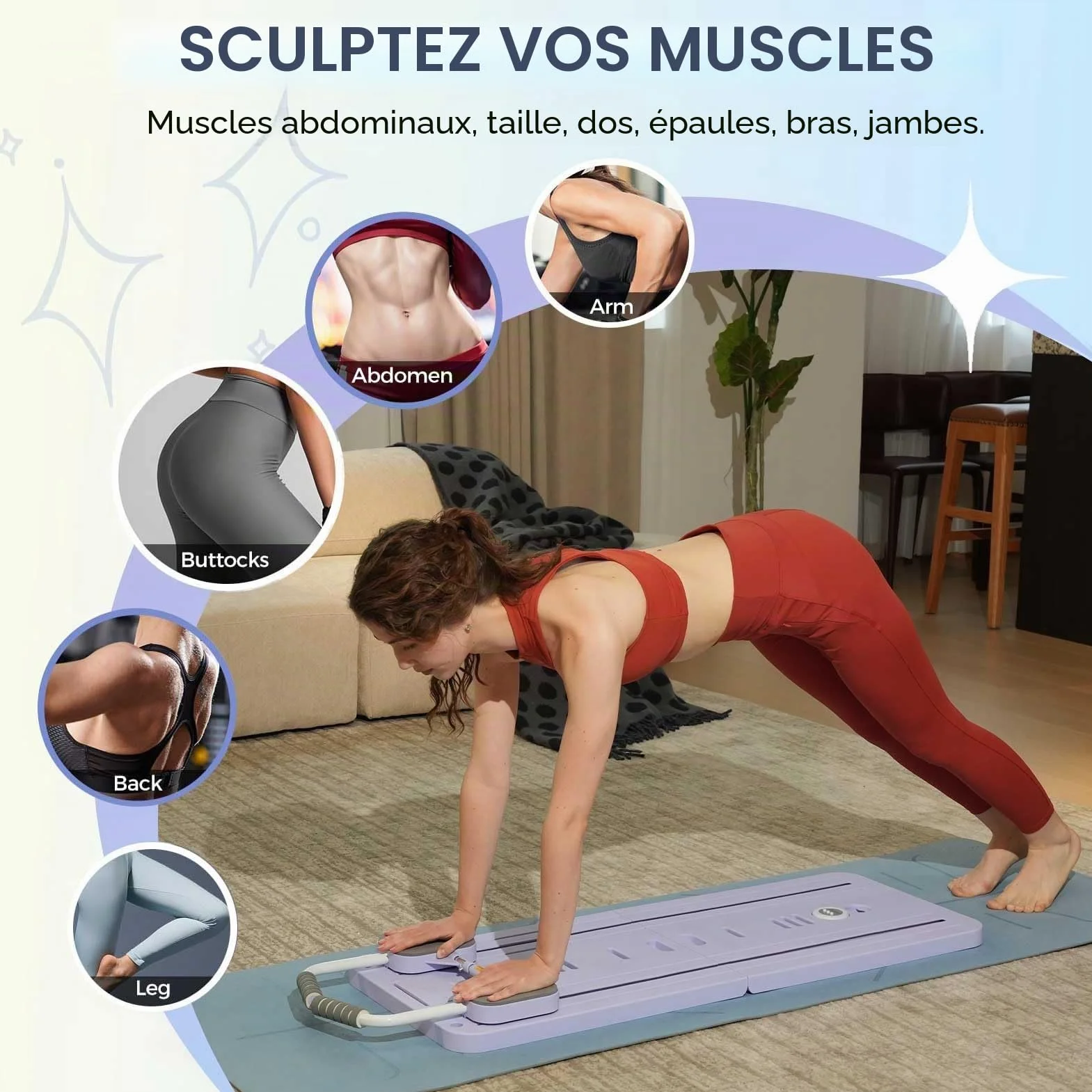 Kit Mini Reformer Pilates avec Barre et Bandes de Résistance, Planche Multifonctionnelle pour Maison