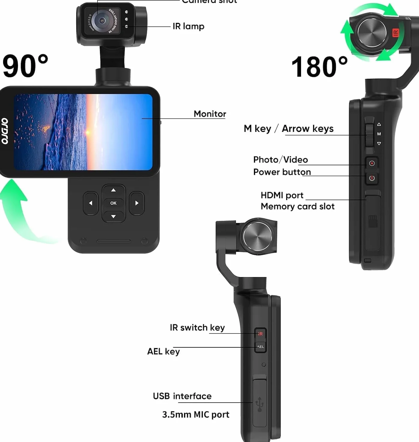 ORDRO M5 Camera Vlog, 4K/60 IPS Camescope, Stabilisation à 3 Axes, Écran Tactile Rotatif 3,5", Suivi Facial, WiFi, Camera Vision Nocturne, Caméscopes Youtube
