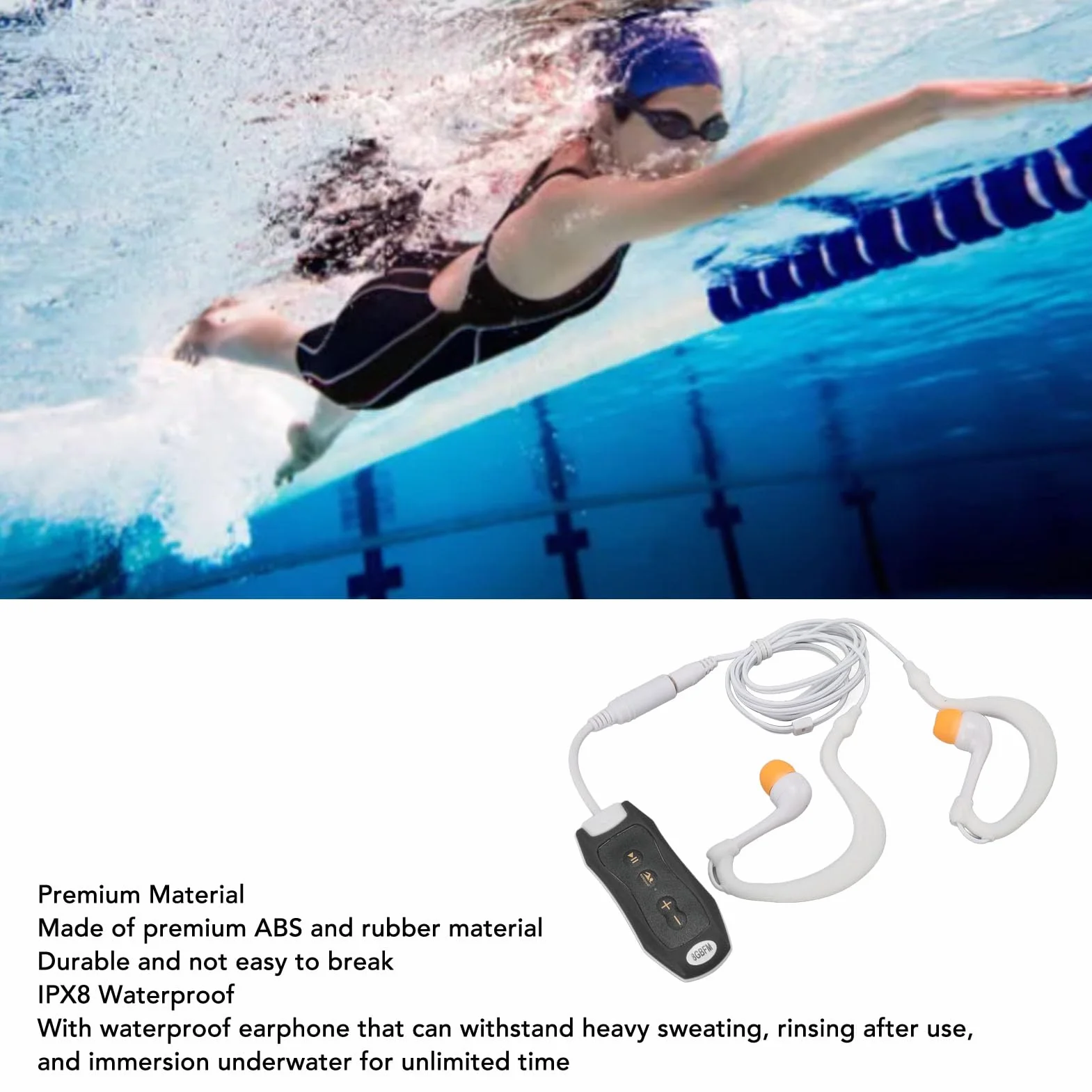 Lecteur MP3 étanche IPX8 8 Go pour Natation Plongée Course