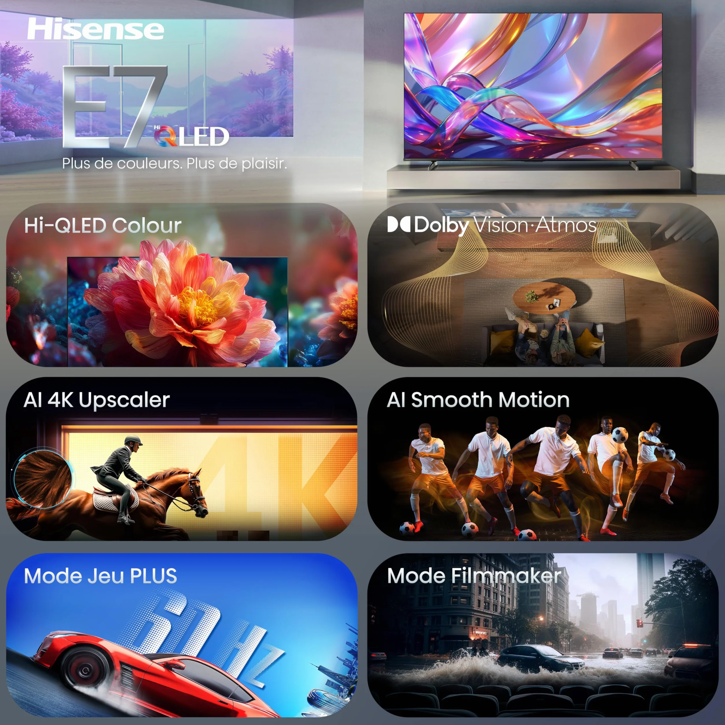 Hisense 85E7DS TV QLED 4K 85" (215 cm) - Série E7DS - Dolby Vision IQ & Atmos, 120Hz HSR, Game Mode Plus, Smart TV HomeOS, Alexa Intégrée, AirPlay 2.