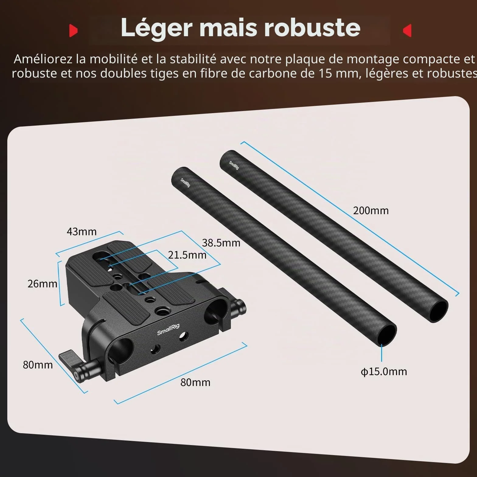 SMALLRIG Kit de Plaque de Base pour Appareil Photo avec Pince pour Rail LWS 15 mm, Tiges en Fibre de Carbone 15 mm (8'' / 20 cm), pour Sony A6500, pour Canon R5, R6, pour Sony A7SIII / A7III - 5609