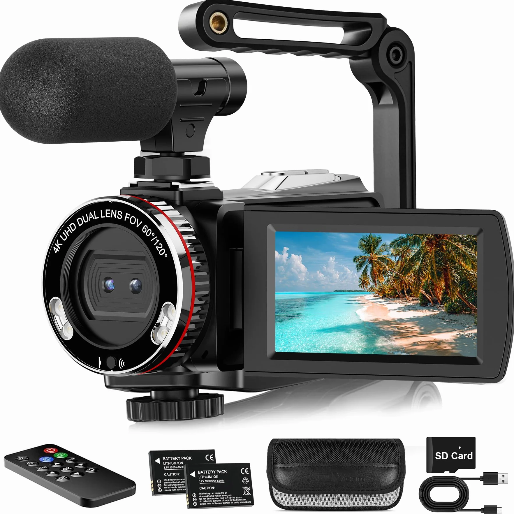 Caméra vidéo 4K 64MP 60FPS Caméscope numérique Vlogging avec stabilisateur, Microphone, Carte SD, 2 Piles, Télécommande