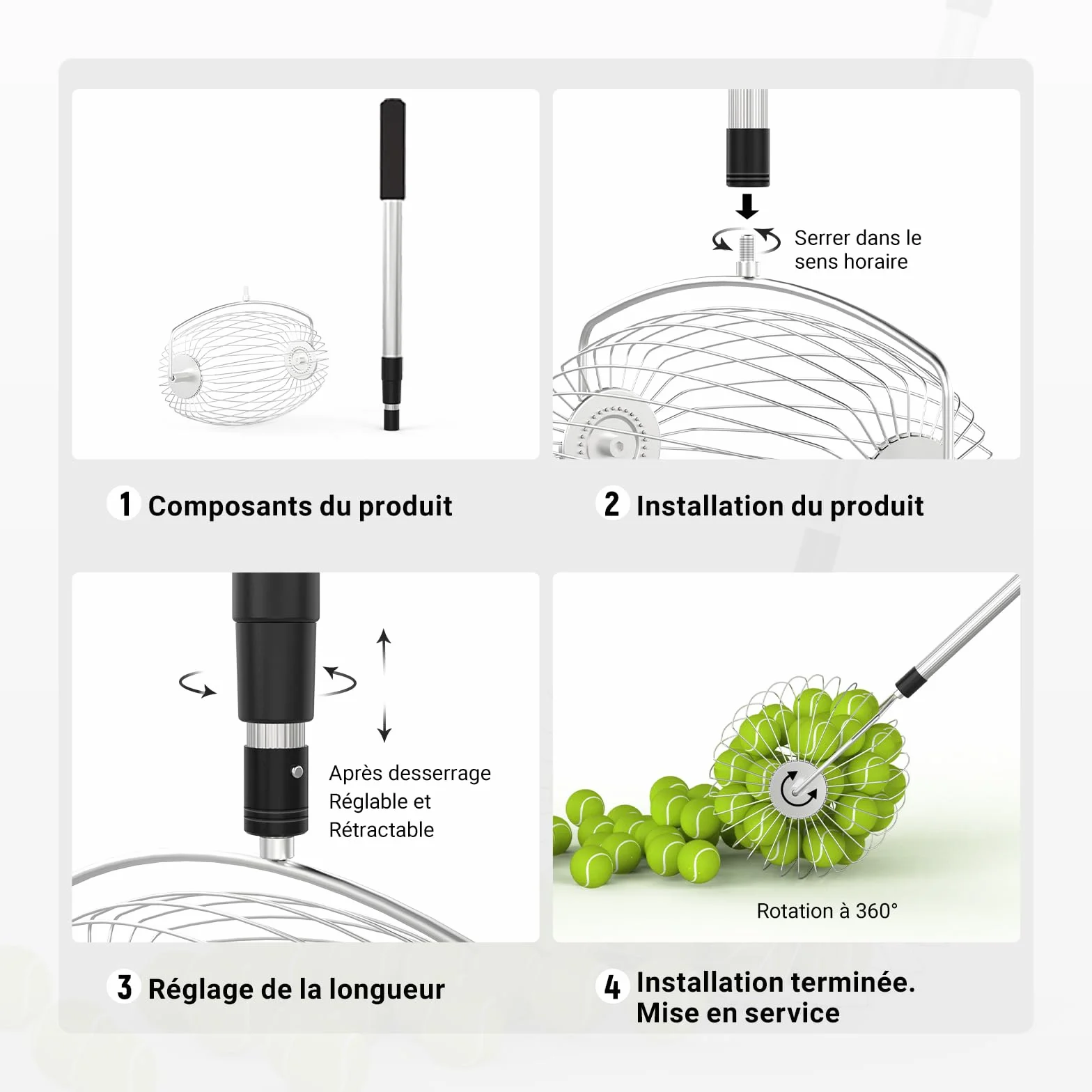 NEEWER BASICS Ramasseur de Balle de Tennis à Trémie Supérieure TB04S 70-138cm Télescopique pour 20 Balles