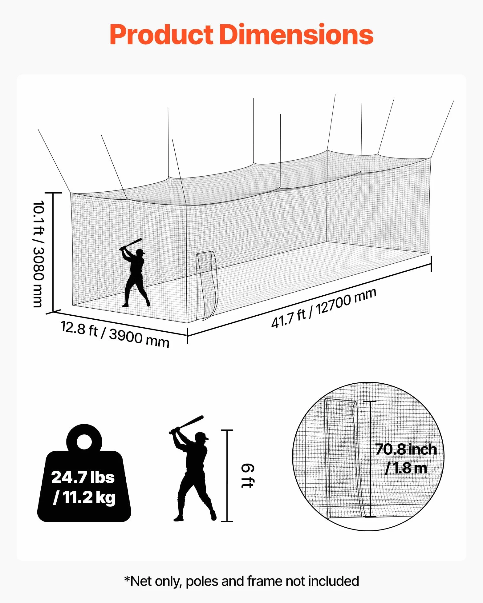 VEVOR Filet de frappe baseball 9,9/15/28 m portable avec porte et sac de transport