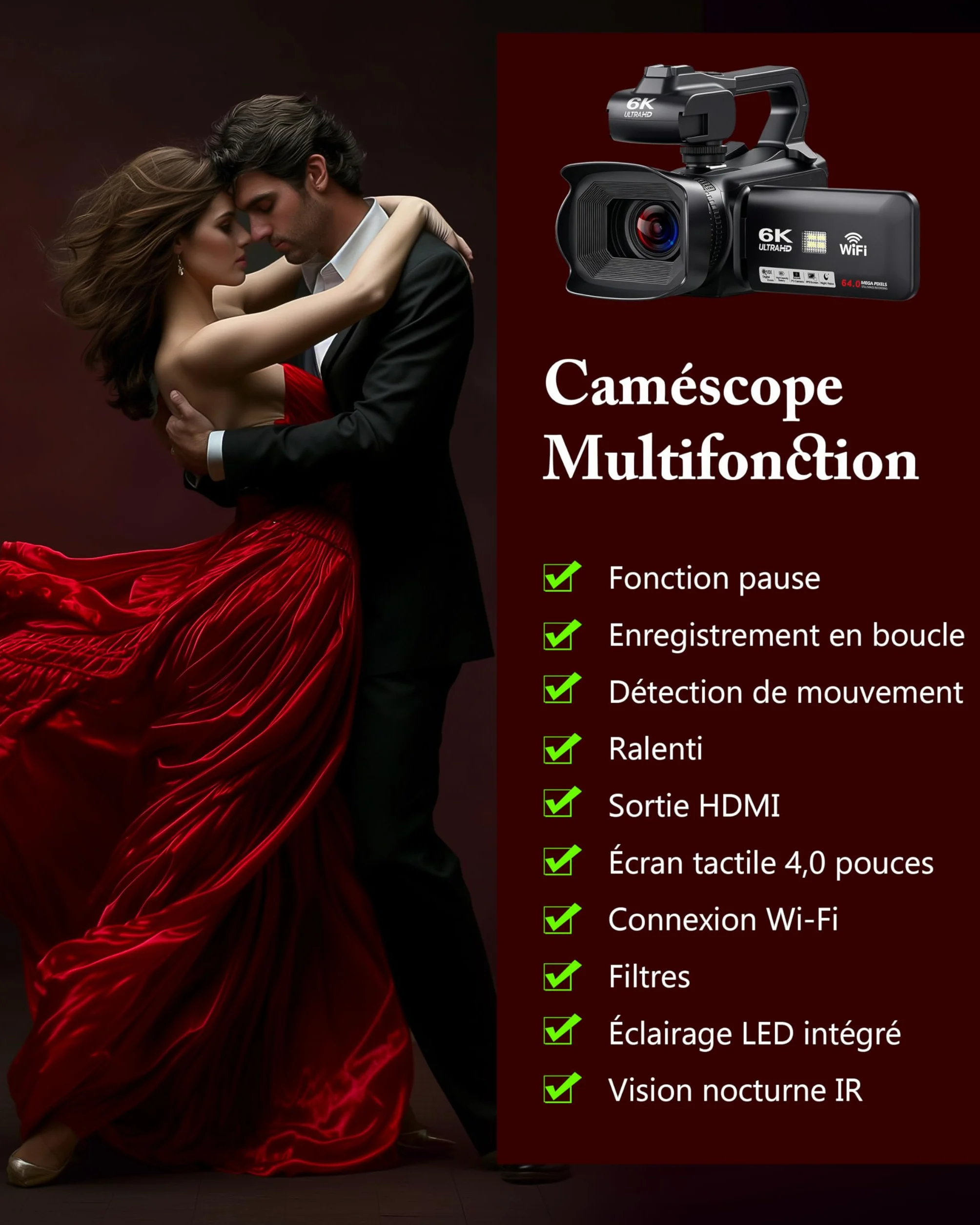 Caméscope 6K 64MP WiFi Vision Nocturne Infrarouge 18X Zoom Numérique avec Pile 4500mAh, Carte SD 64 Go