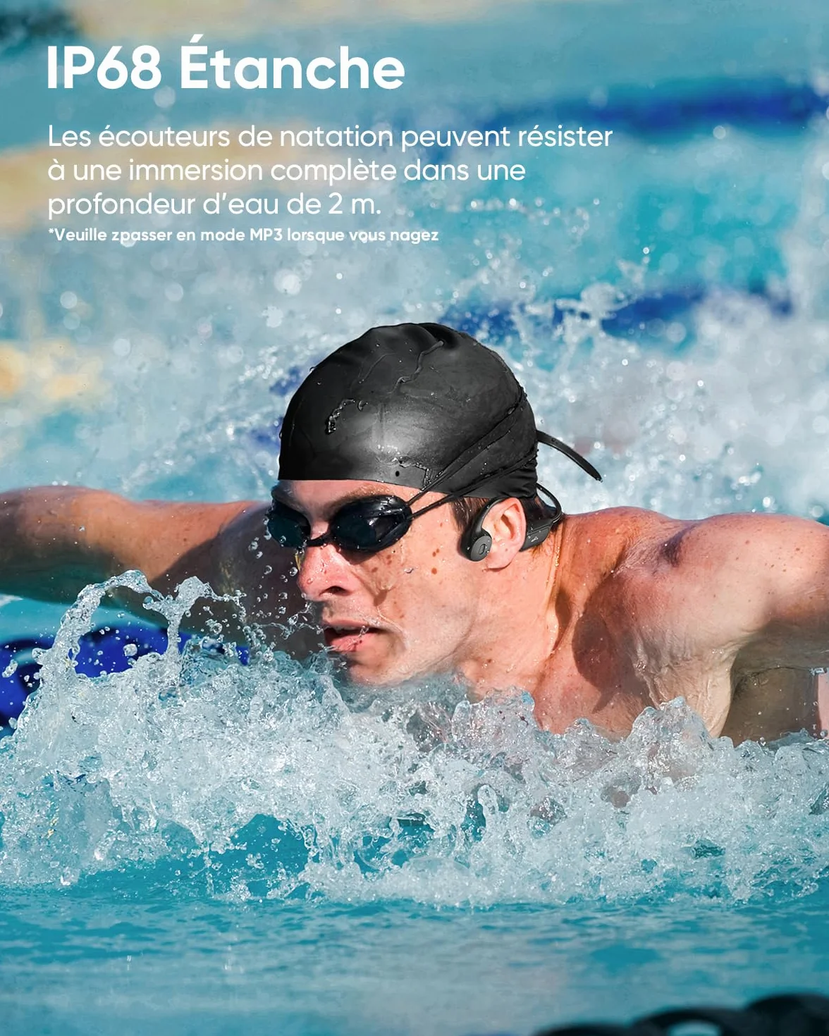 Guudsoud Casque Conduction Osseuse,Écouteur Natation À Bluetooth 6.1,Ecouteur IP68 Waterproof Natation,Lecteur MP3 avec mémoire intégrée de 32 Go,Écouteur Natation pour Course à Pied,Cyclisme - Noir