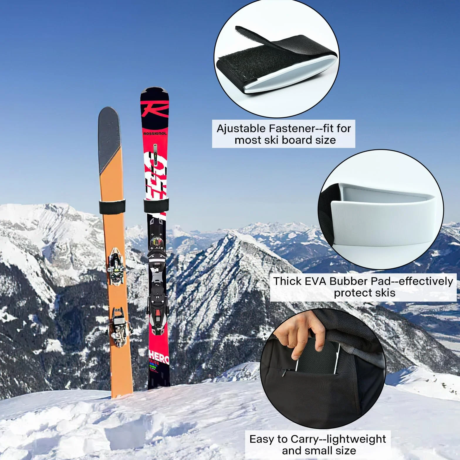 Attache Ski 2 Pièces Sangle Porte Ski Ajustable Accessoires Bandoulière Fixation Nylon Snowboard