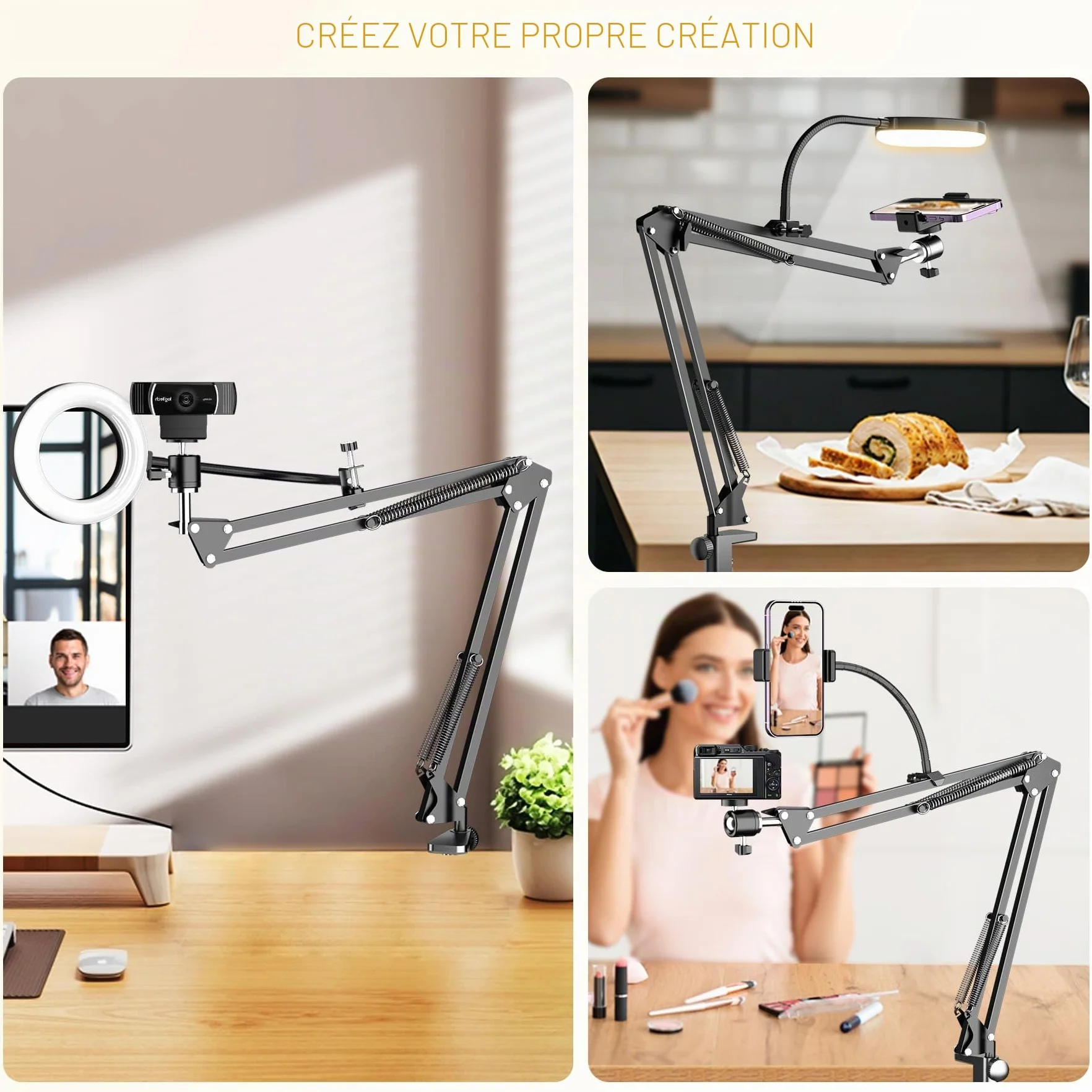 Support de caméra aérien avec Anneau Lumineux, Support de Bras de téléphone articulé Flexible Compatible avec iPhone, Webcam Logitech, trépied de Bureau pour Youtube Live Stream Video Recording