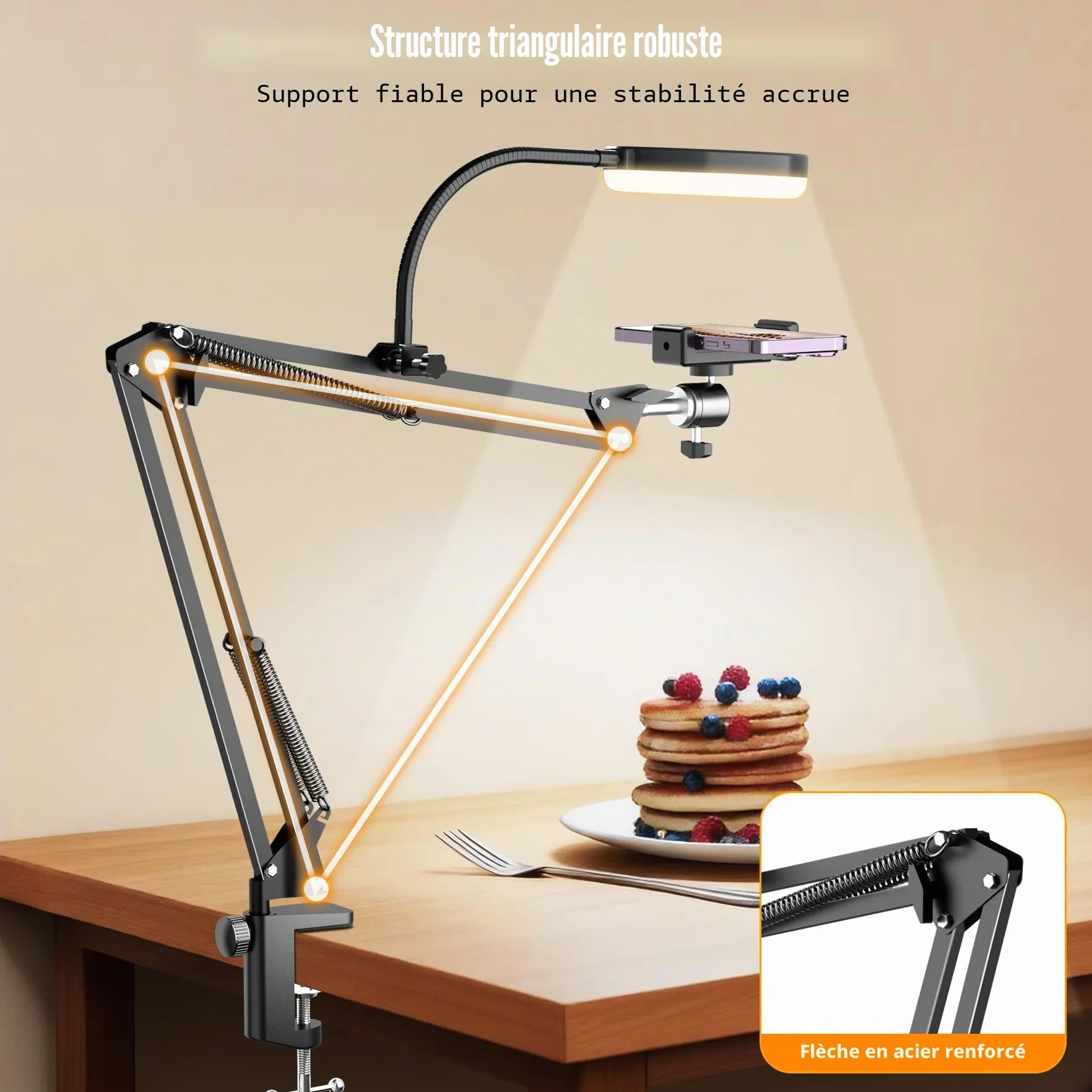 Support de caméra aérien avec Anneau Lumineux, Support de Bras de téléphone articulé Flexible Compatible avec iPhone, Webcam Logitech, trépied de Bureau pour Youtube Live Stream Video Recording