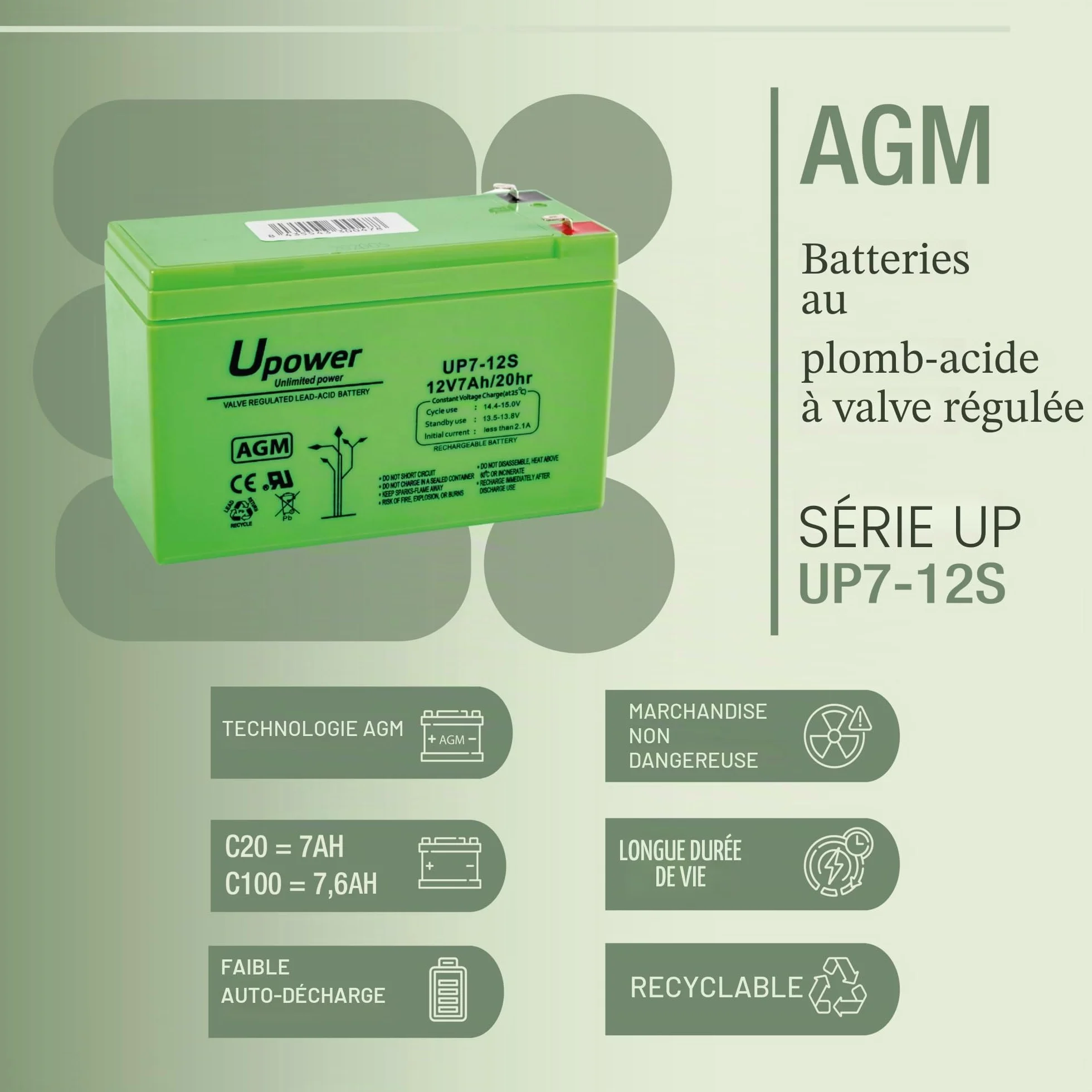 Batería U-Power Plomb AGM 12V 7Ah F1 4,8mm
