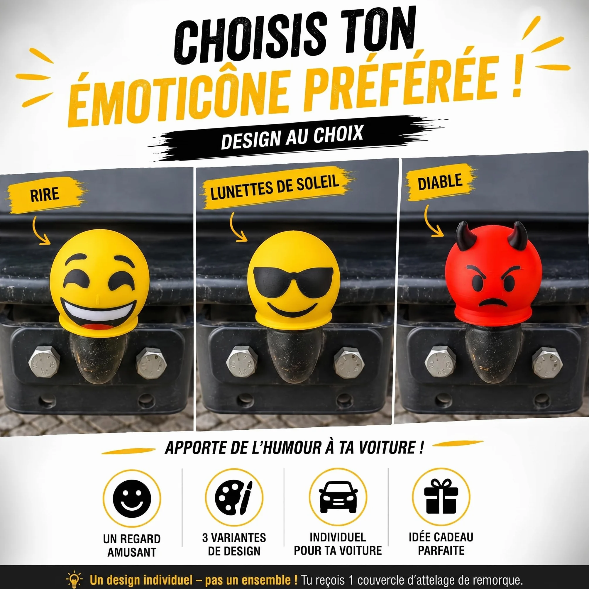 Couvercle d'attelage Smiley 50 mm - Capuchon de protection universel pour voiture, SUV, remorque