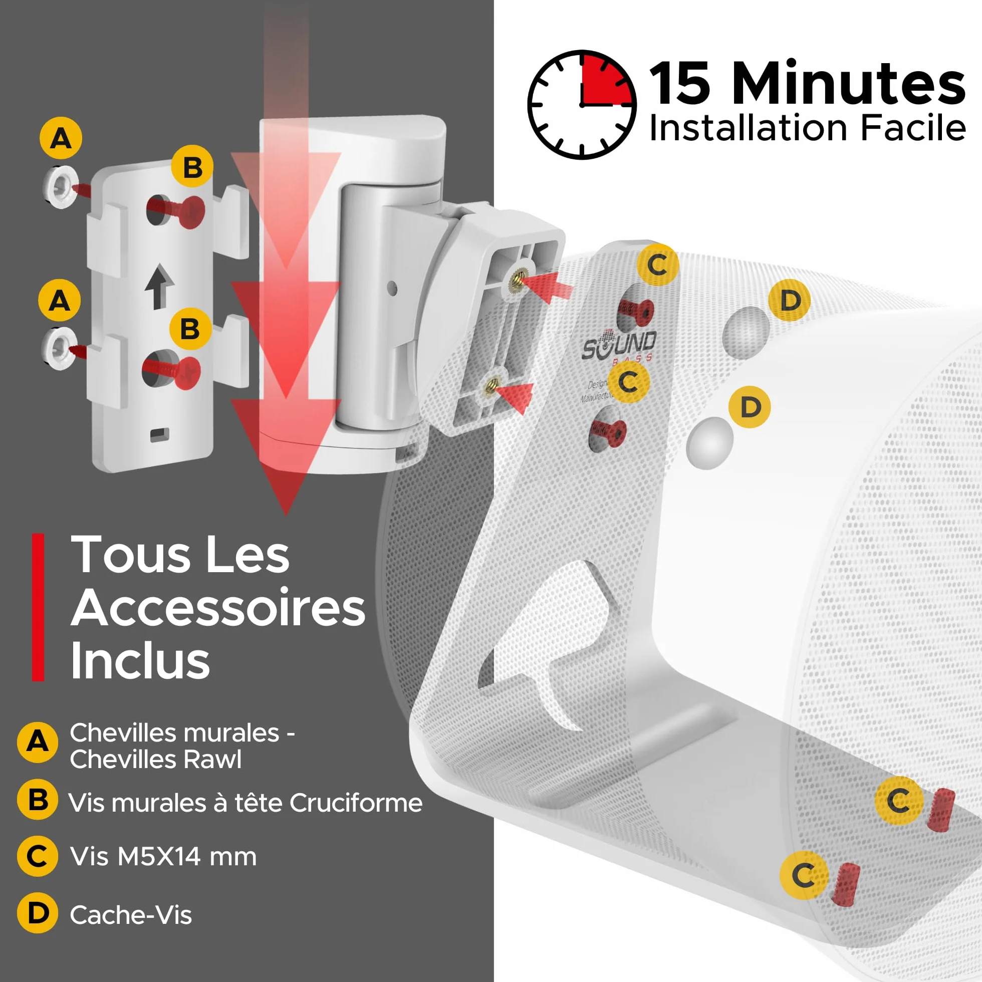 Sound Bass ERA300 Support Mural, Inclinable et Pivotant, Blanc, Simple (1 pièce), Compatible avec Sonos ERA 300, Installation Facile, Kit de Fixation Inclus