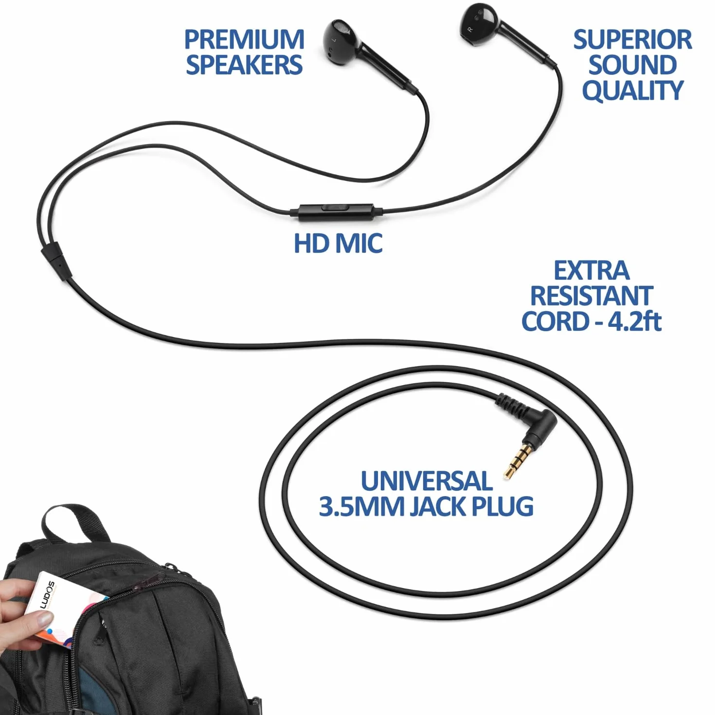 LUDOS Zenith Écouteurs, Garantie 2 Ans, Écouteur Intra-Auriculaires Filaires, Casque avec Microphone, Compatible avec Tablettes et Ordinateurs Portables Samsung, Huawei, iPhone, MP3 Players - Noir