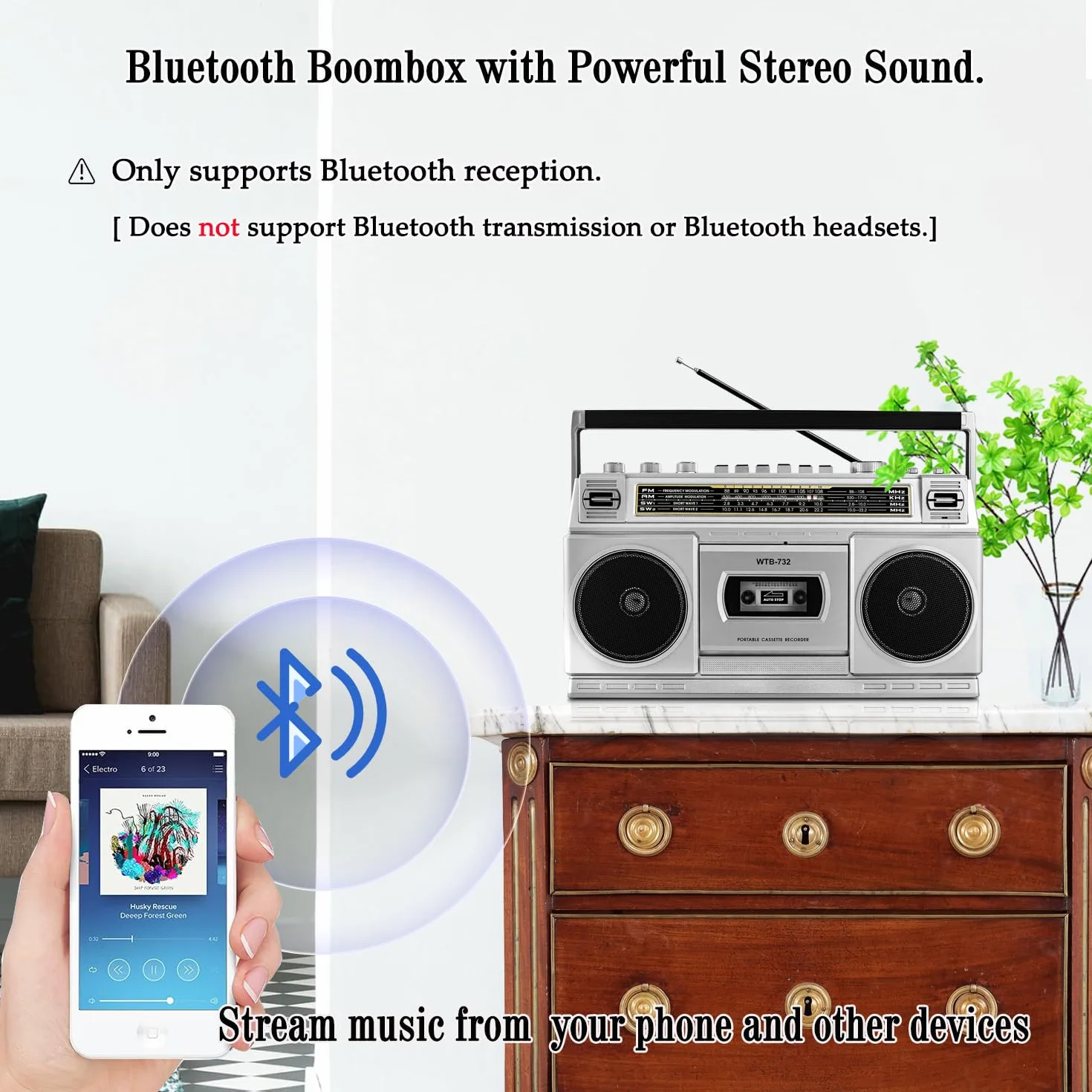 Boombox Rétro Années 80 Bluetooth Lecteur Cassette Radio AM/FM/OC 24W Portable USB Micro SD