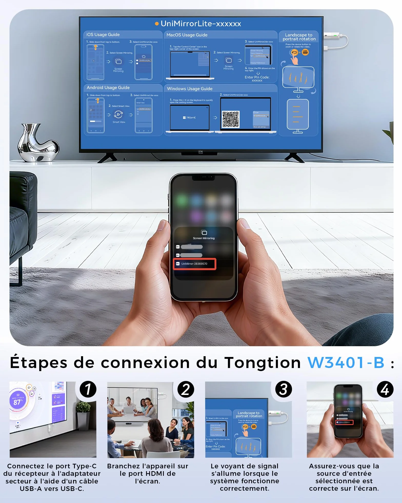 Adaptateur sans Fil HDMI 1080P@60Hz, 5GHz AirPlay/Miracast pour TV/projecteur (Compatible avec Smartphone, Tablette, PC/Mac)