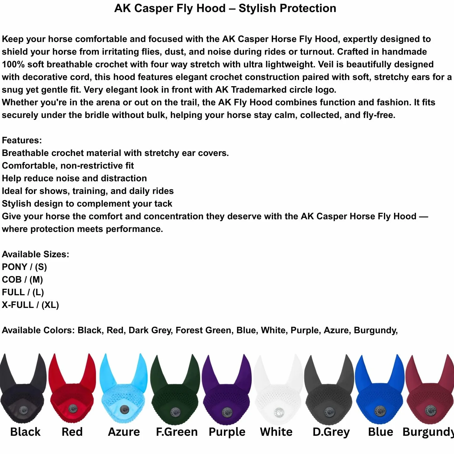 AK Bonnet Anti-Mouches pour Chevaux – Oreilles en Lycra Doux, Ajustement Confortable – AKRS-6069-01 Gris foncé Pony S