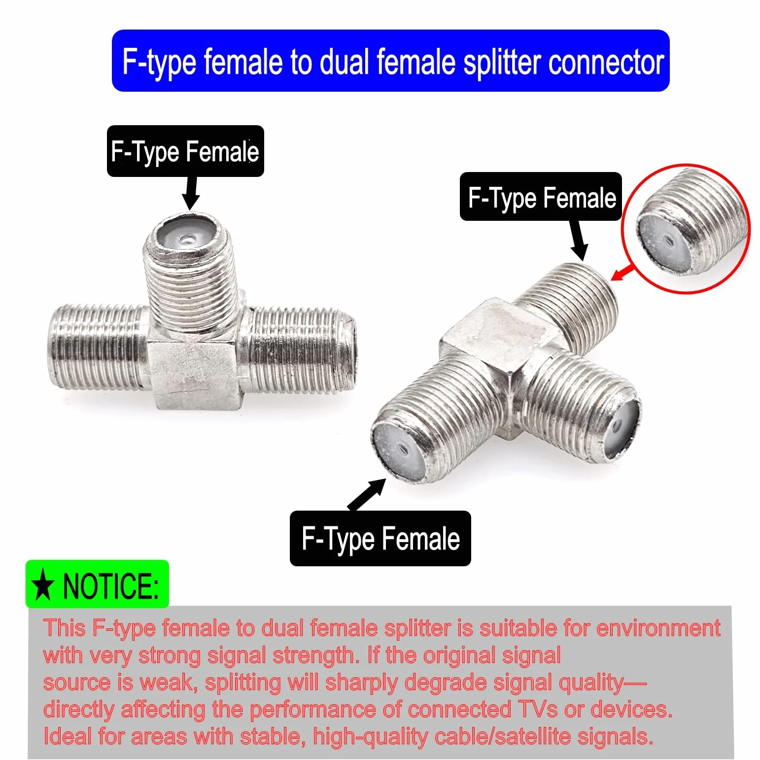 JZK 2x connecteurs répartiteurs en T type F à 3 voies adaptateur répartiteur coaxial TV satellite F femelle vers double femelle, combinateur d'antenne TV 75 ohms pour câble, modem, récepteur satellite