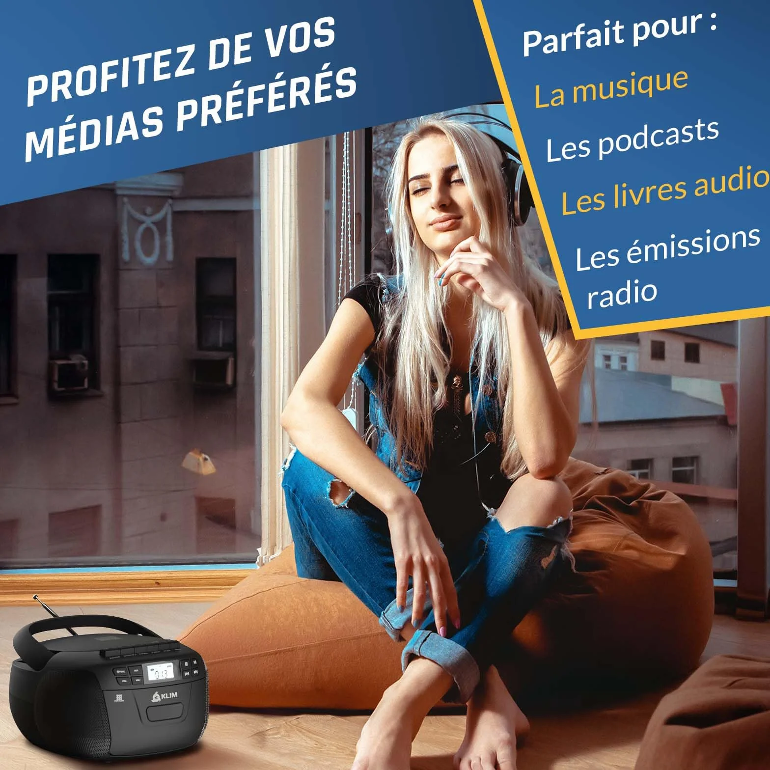 KLIM Lecteur CD Bluetooth Cassette Radio AM/FM Stéréo avec Télécommande Enregistrement USB AUX