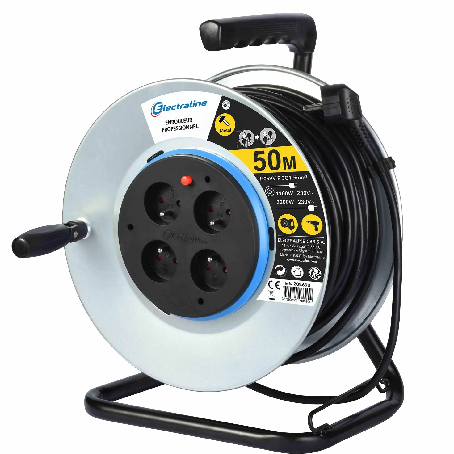 Electraline 208690 Rallonge Prolongateur électrique en Metal 50M 4 prises avec Guide pour le câble, Platine fixe et poignée ergonomique