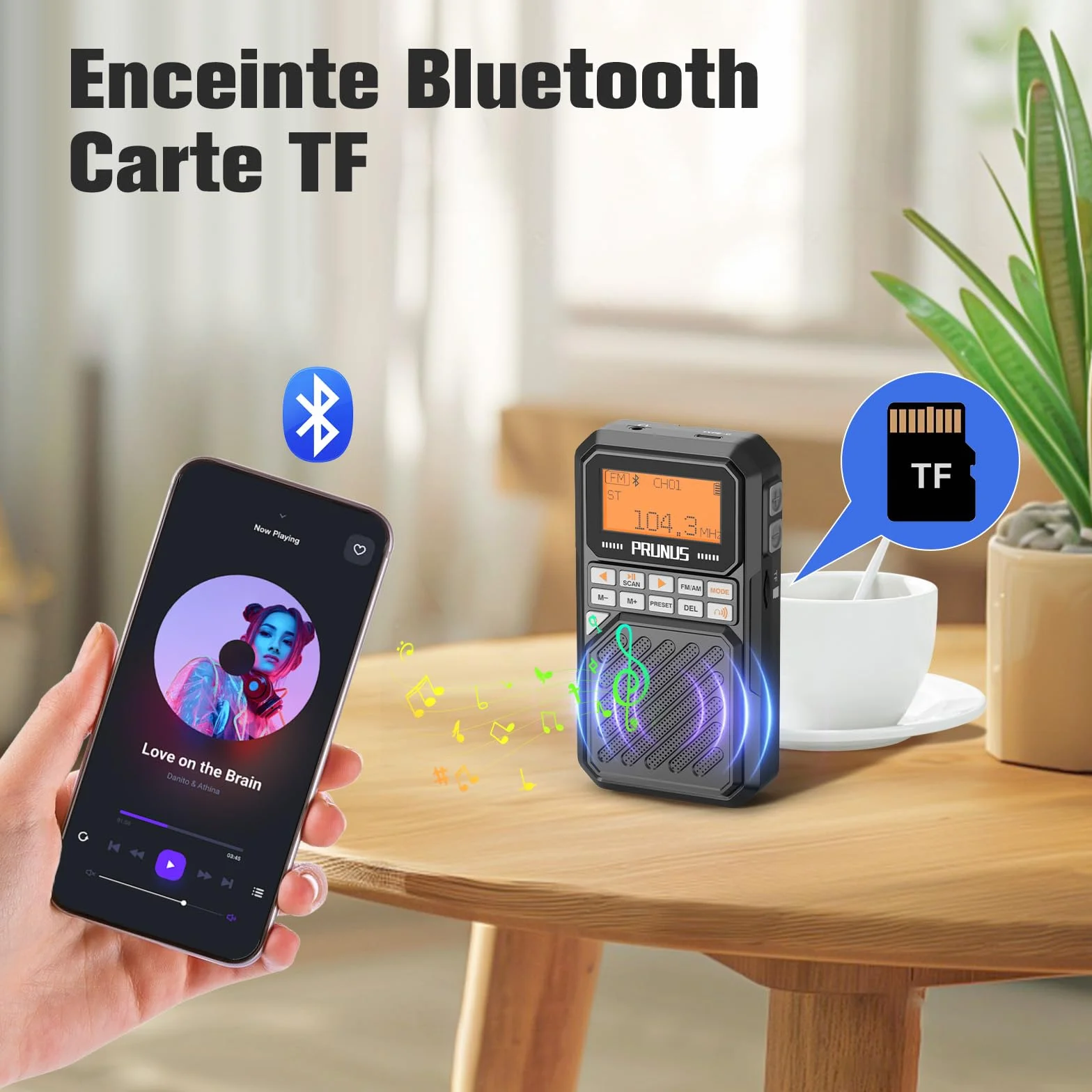 PRUNUS J-525 AM/FM Petite Radio Portable Bluetooth avec Batterie 2500 mAh, Minuterie Sommeil, MP3/TF