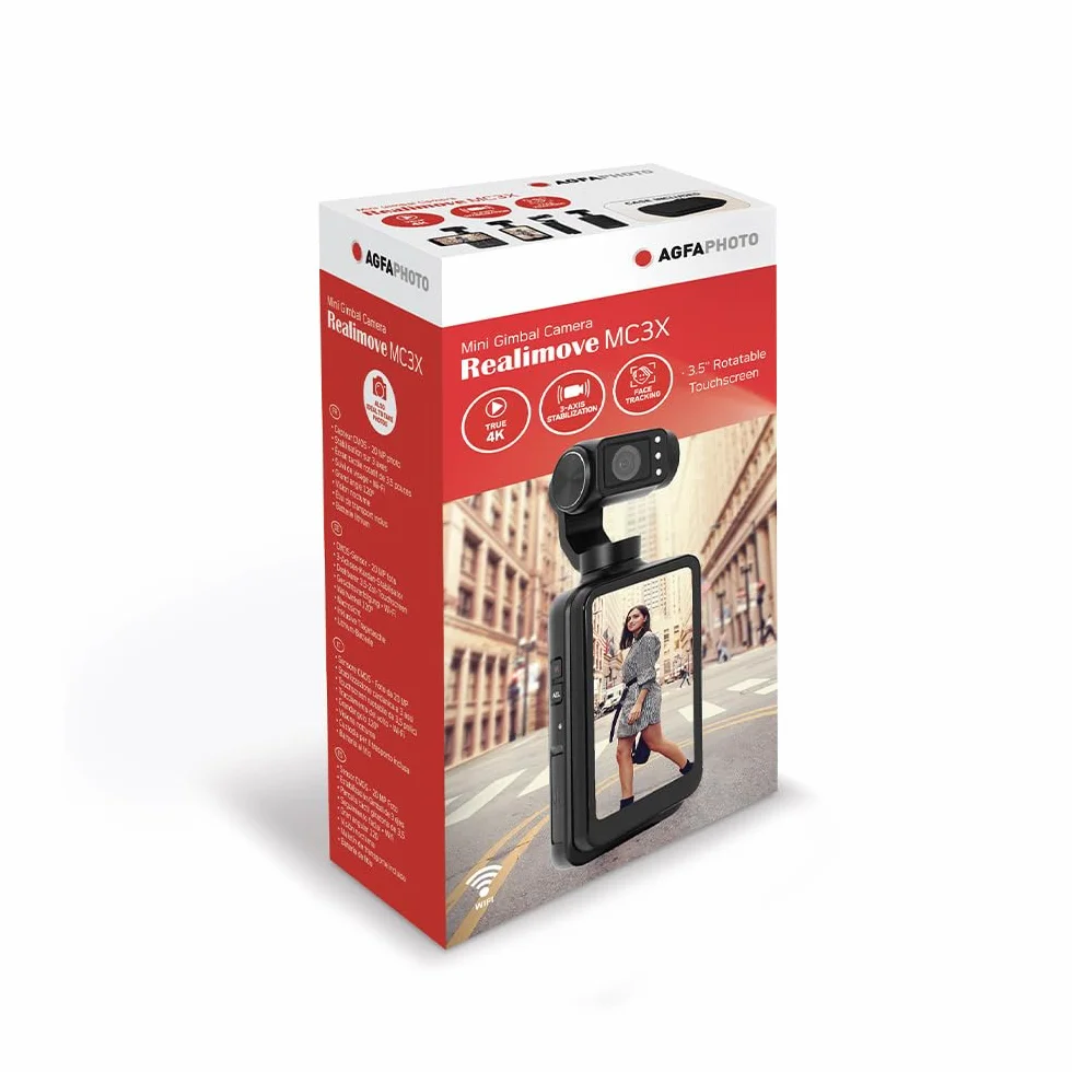 AgfaPhoto Gimbal Realimove MC3X Caméra Stabilisateur 3 Axes 4K Ultra HD Écran Tactile Rotatif 3,5" 20 MP Suivi de Visage Vision Nocturne Grand Angle 120° Wi-Fi Autonomie 170 Min Noir