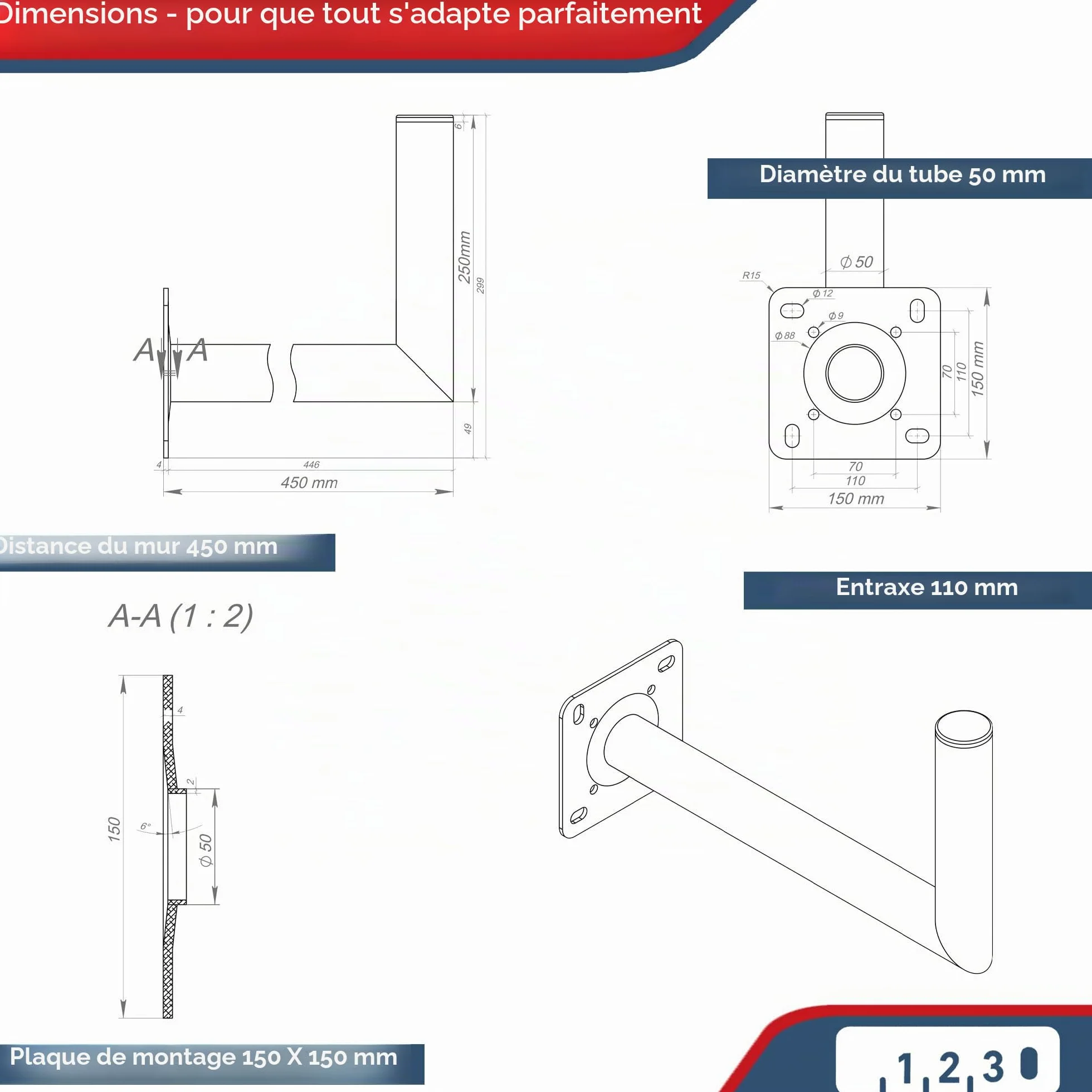 Premium X Support Mural Satellite 45cm en Aluminium pour Parabole Satellite - Support pour antenne parabolique avec Distance au Mur de 45 cm 450 mm