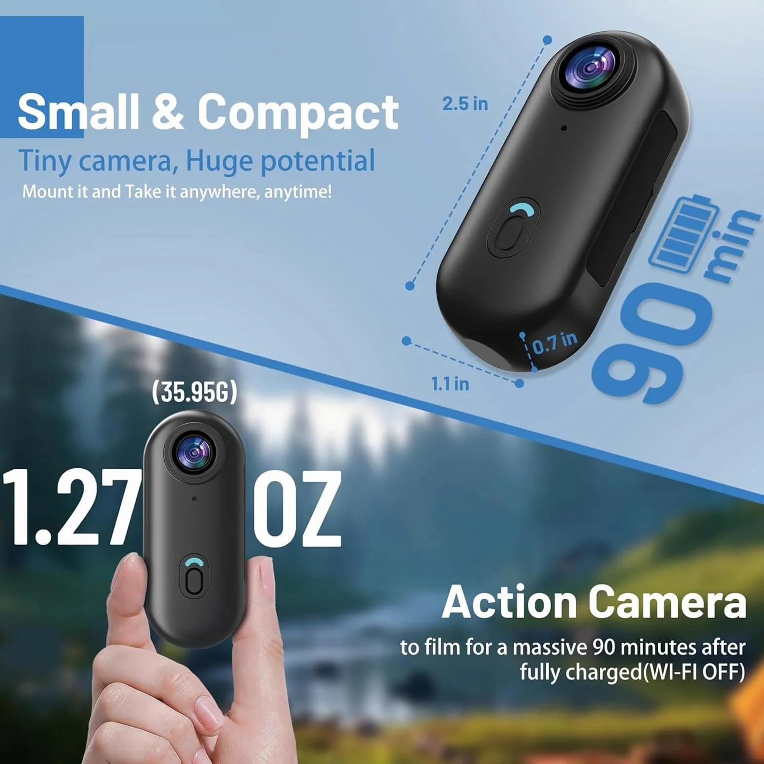 Caméra Sport 1080P WiFi Étanche Aimanté Mini Action Cam Portable avec Clip 360° Angle 120° Enregistrement en Boucle pour Moto Casque Velo