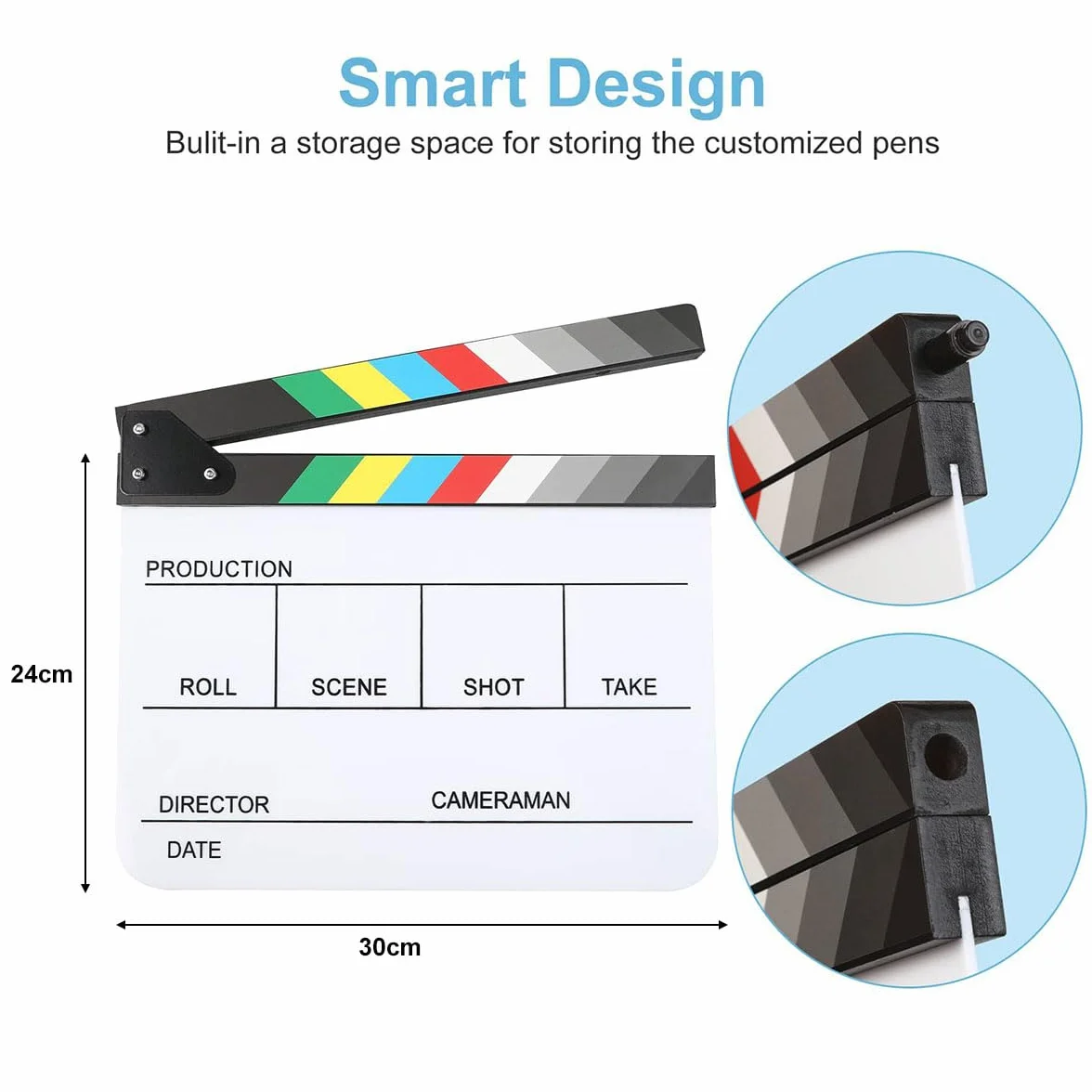 Clap de Cinéma 30 x 25cm,Acrylique Film Clapper,avec effaceur magnétique,2 stylos,Clap Cinéma pour Tournage Film,Tournage Vidéo,Blanc