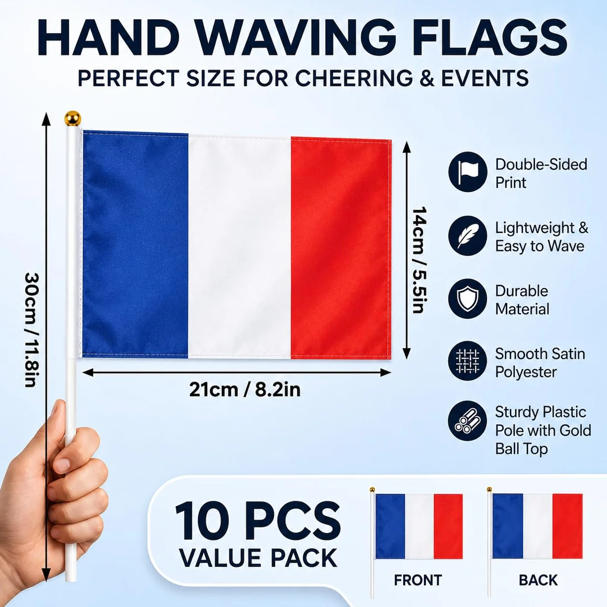 Petits Drapeaux à Main France Lot de 10, 14 x 21 cm, Drapeaux en Polyester avec Bâton pour Football Fan Zone