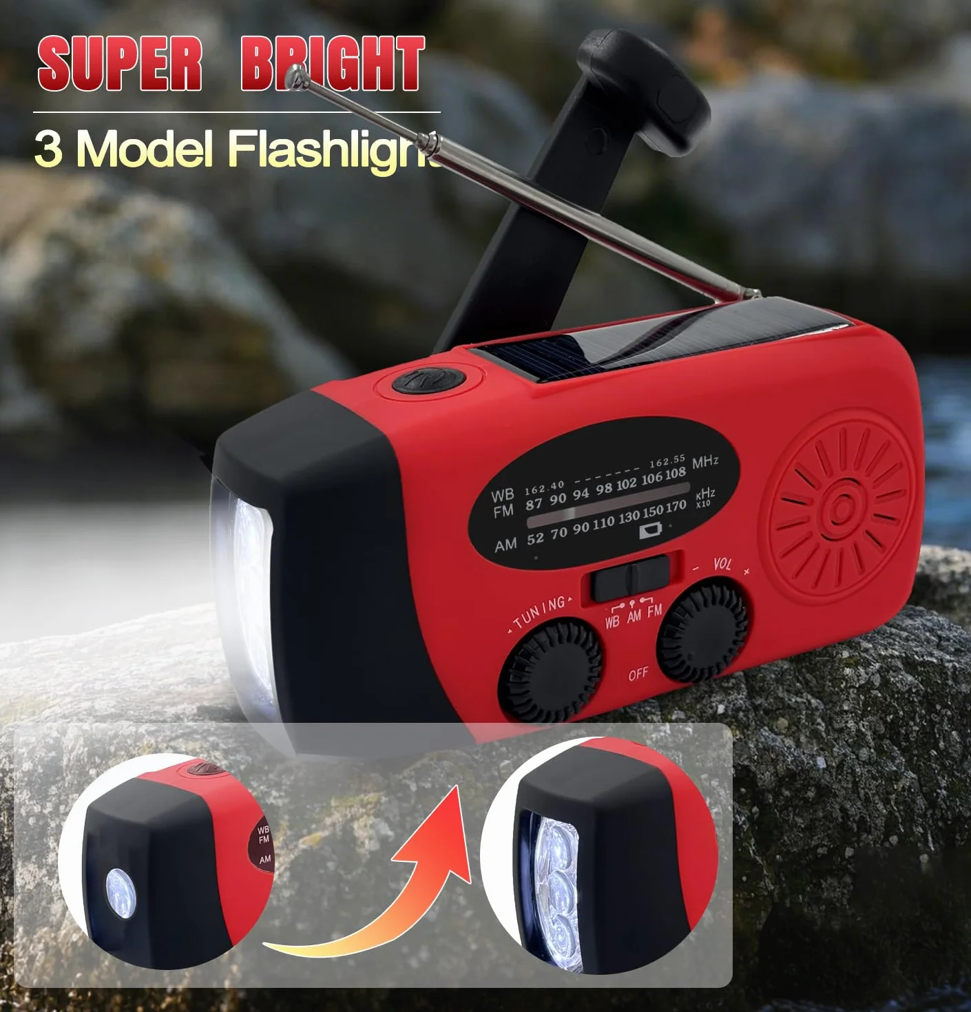 Radio Solaire Auto-alimentée 2000mAh AM/FM Portable d'Urgence à Manivelle Dynamo avec Lampe LED, Alarme SOS et Chargeur Téléphone